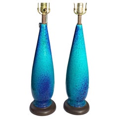 Vintage Pair of Mid Century Speckled Blue Lamps