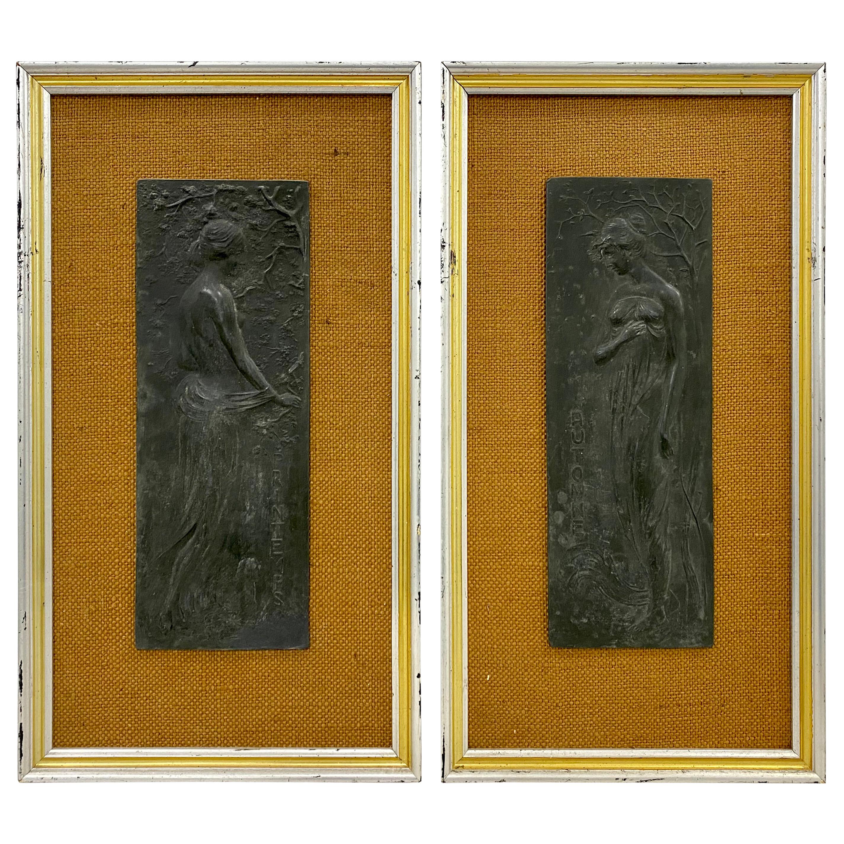 Pair of Mid Century "Spring and Autumn" Framed Art Nouveau Plaques, c.1960