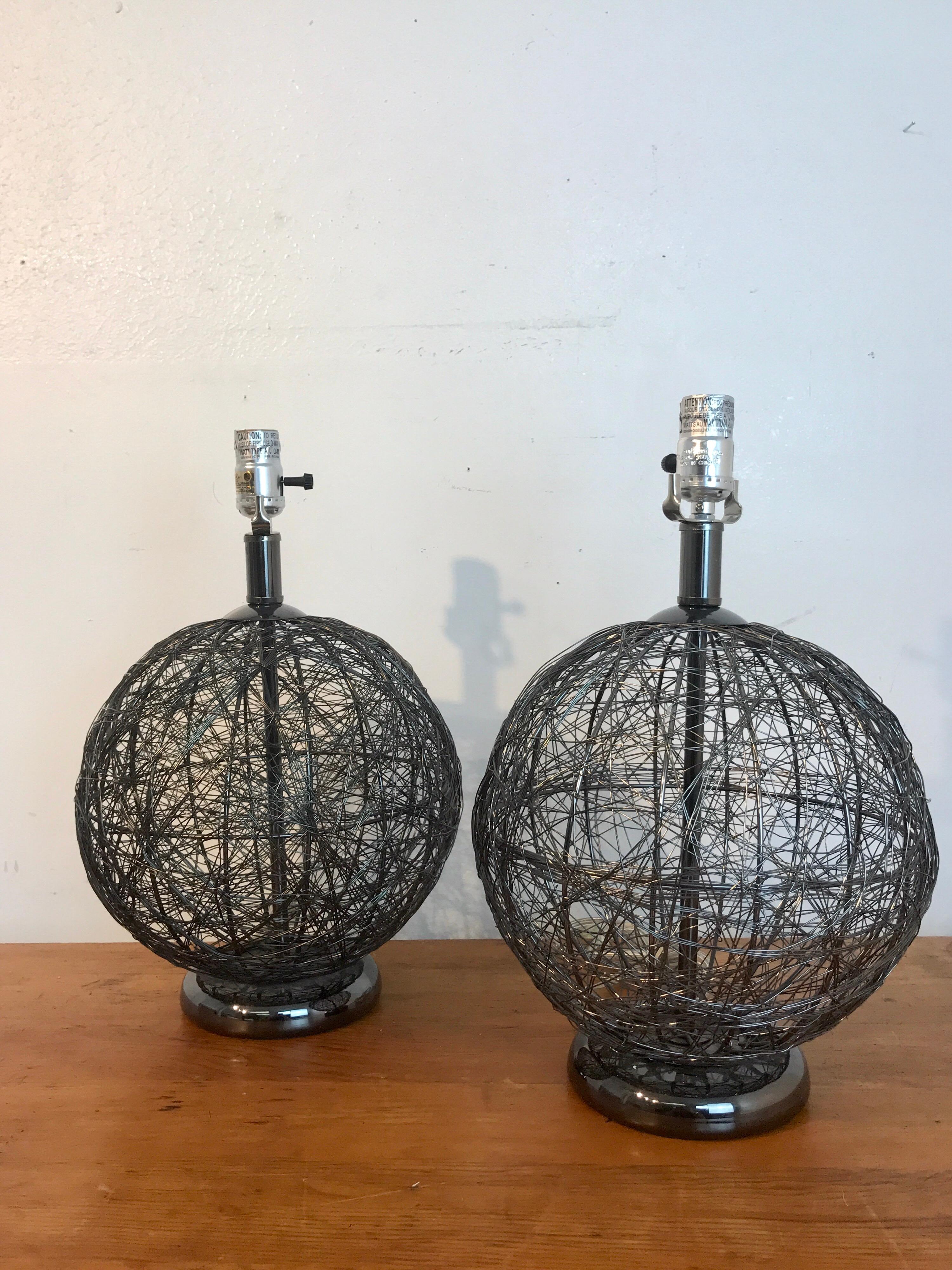 Patinated Pair of Midcentury Spun Gun Metal Sphere Lamps