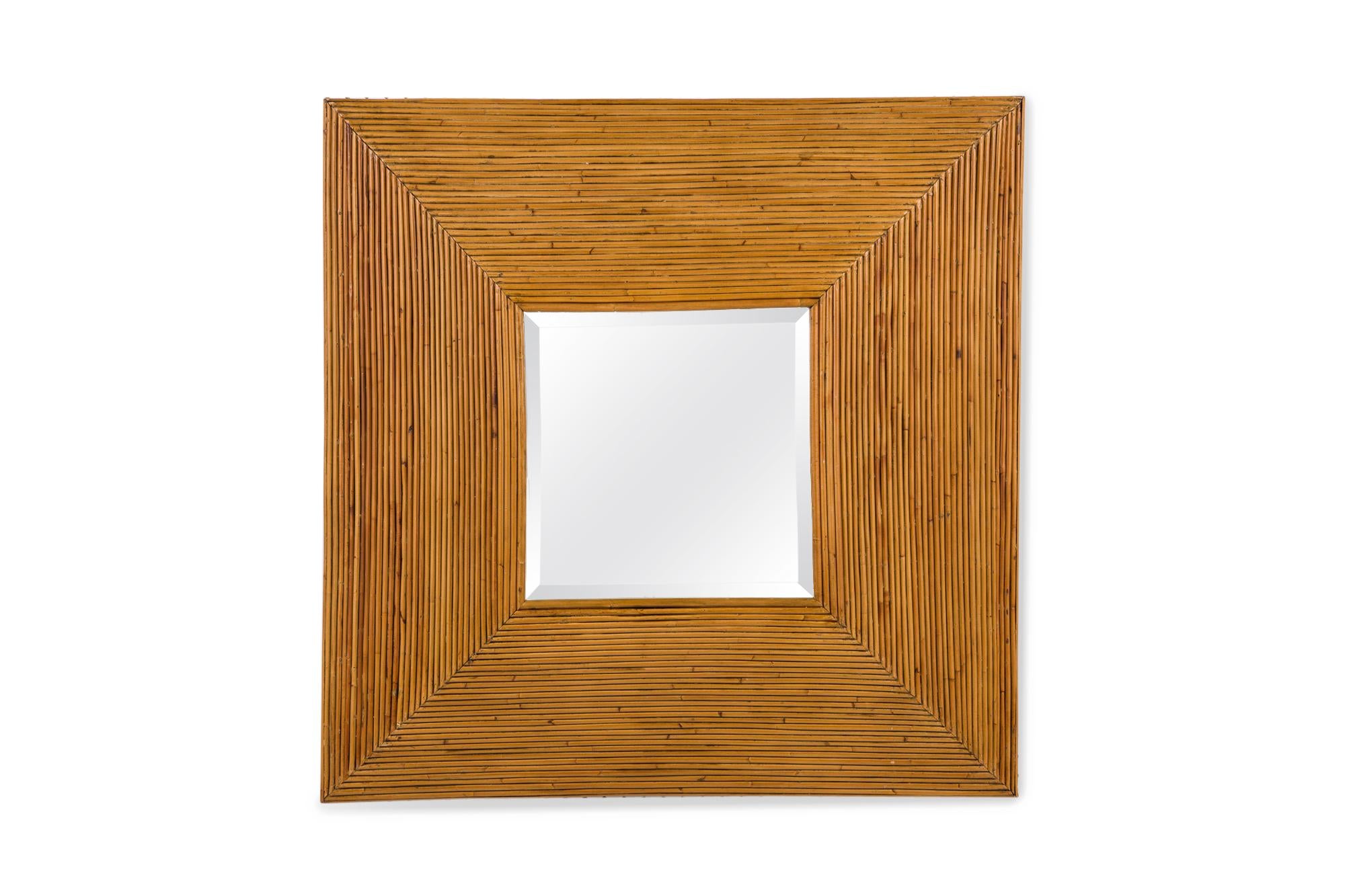 PAIR of mid-century square wall mirrors with faceted convex pencil reed veneer frames around and square central mirror. (PRICED AS PAIR)