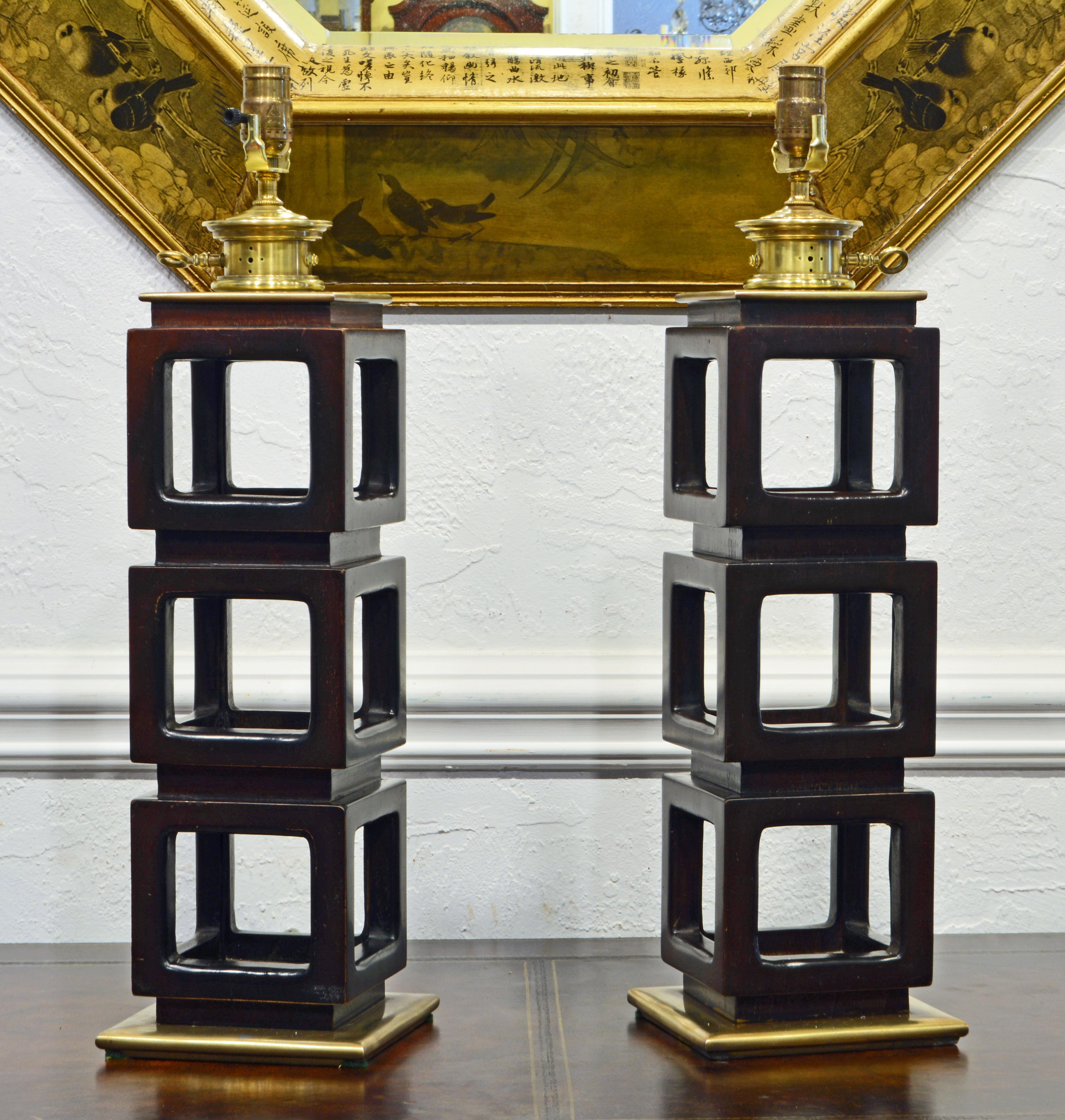 Mid-Century Modern Pair of Mid Century Stacked Mahogany Cubes and Brass Lamps by Stiffel, 1950's