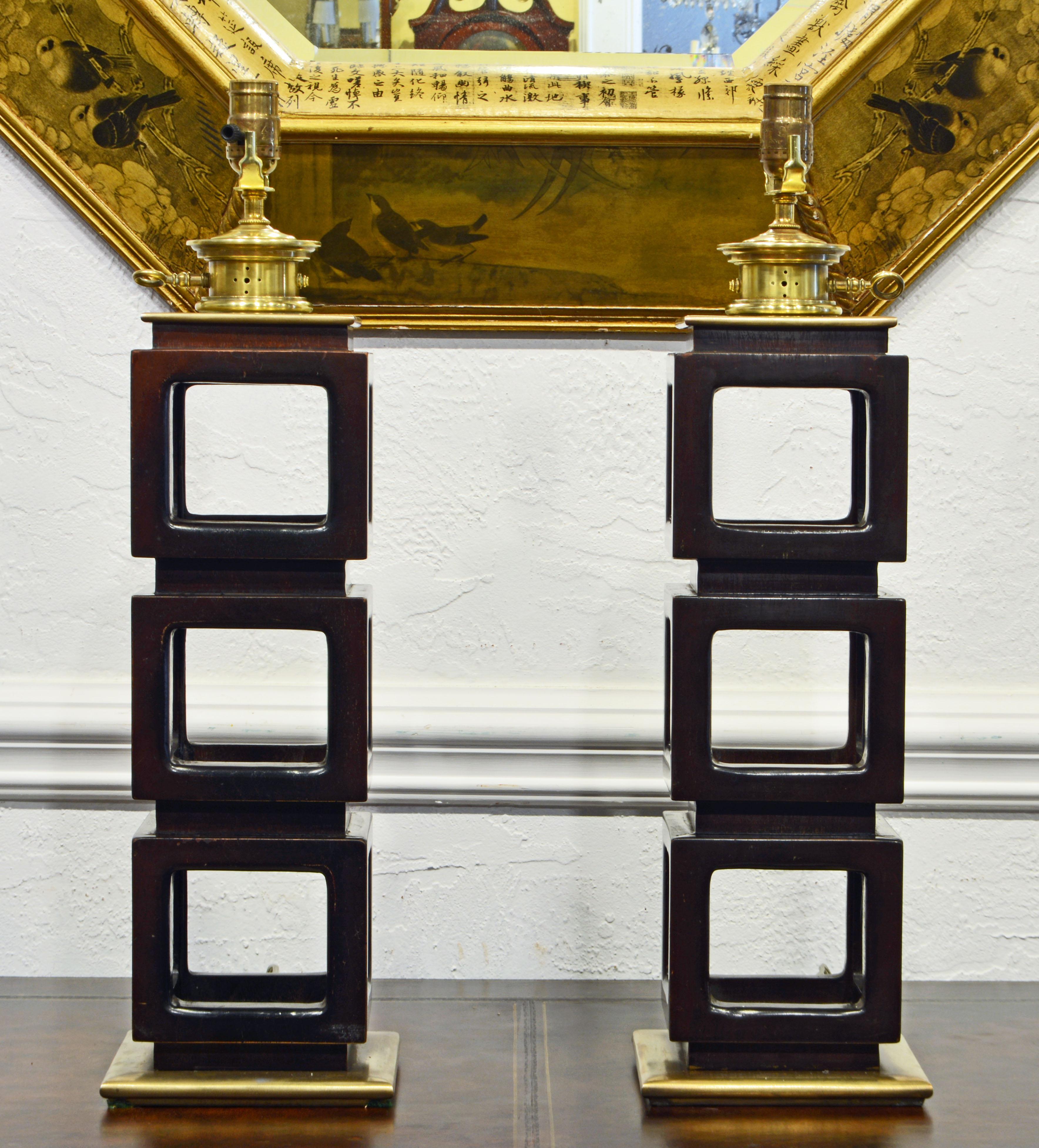 American Pair of Mid Century Stacked Mahogany Cubes and Brass Lamps by Stiffel, 1950's