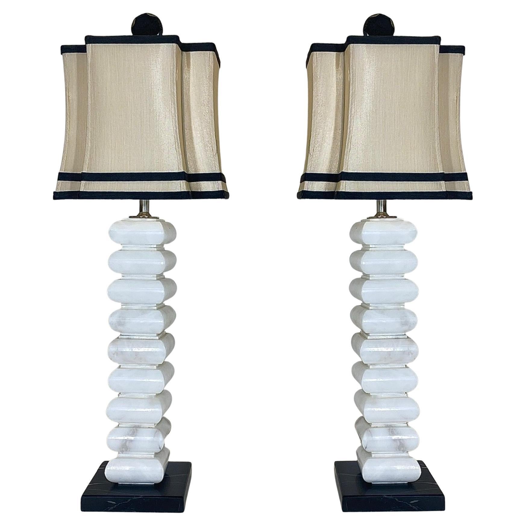 Pair of Midcentury Stacked White Marble Lamps