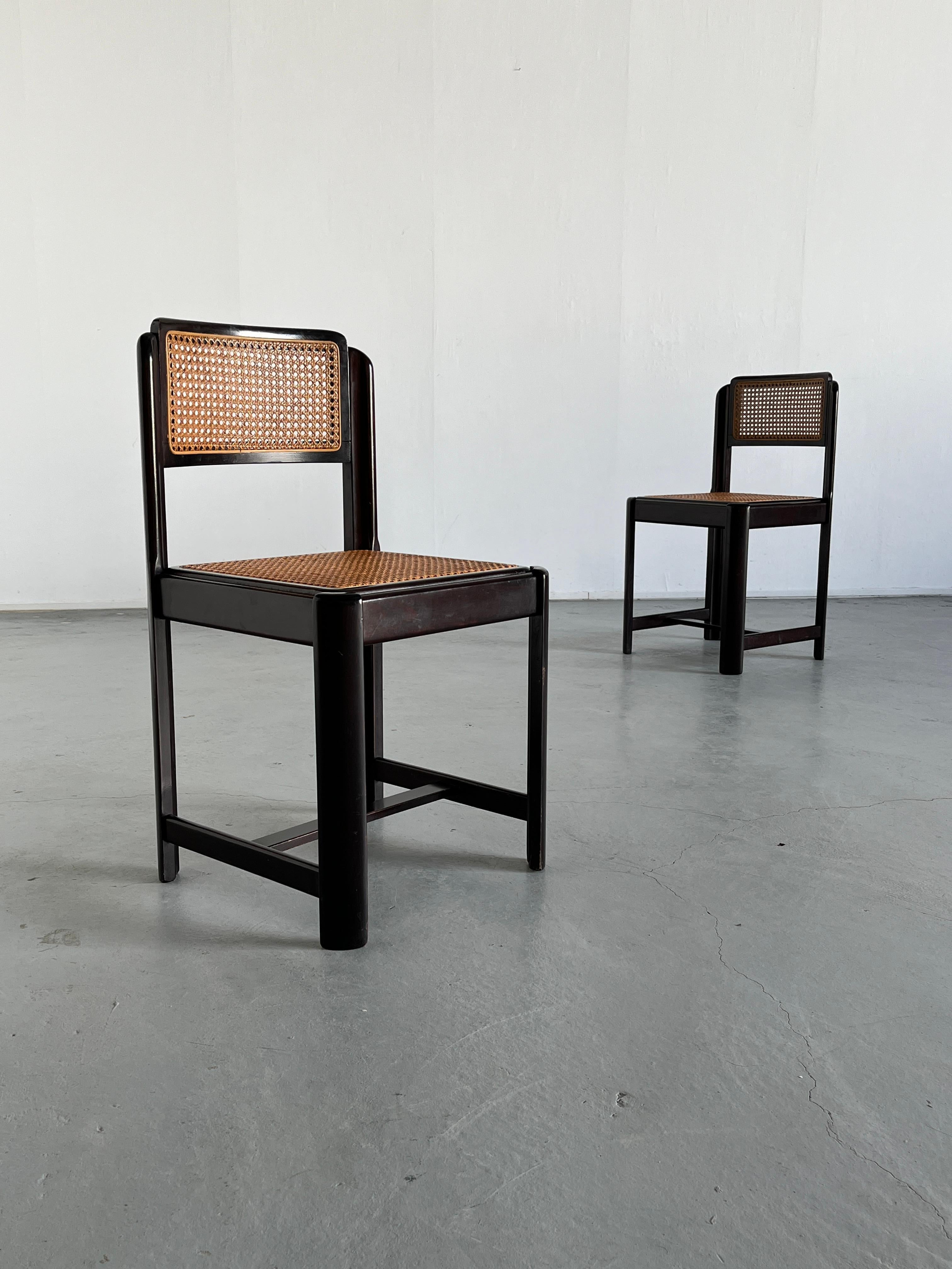 Mid-Century Modern Pair of Mid-Century Stained Beechwood and Wicker Cane Dining Chairs, 1960s Italy
