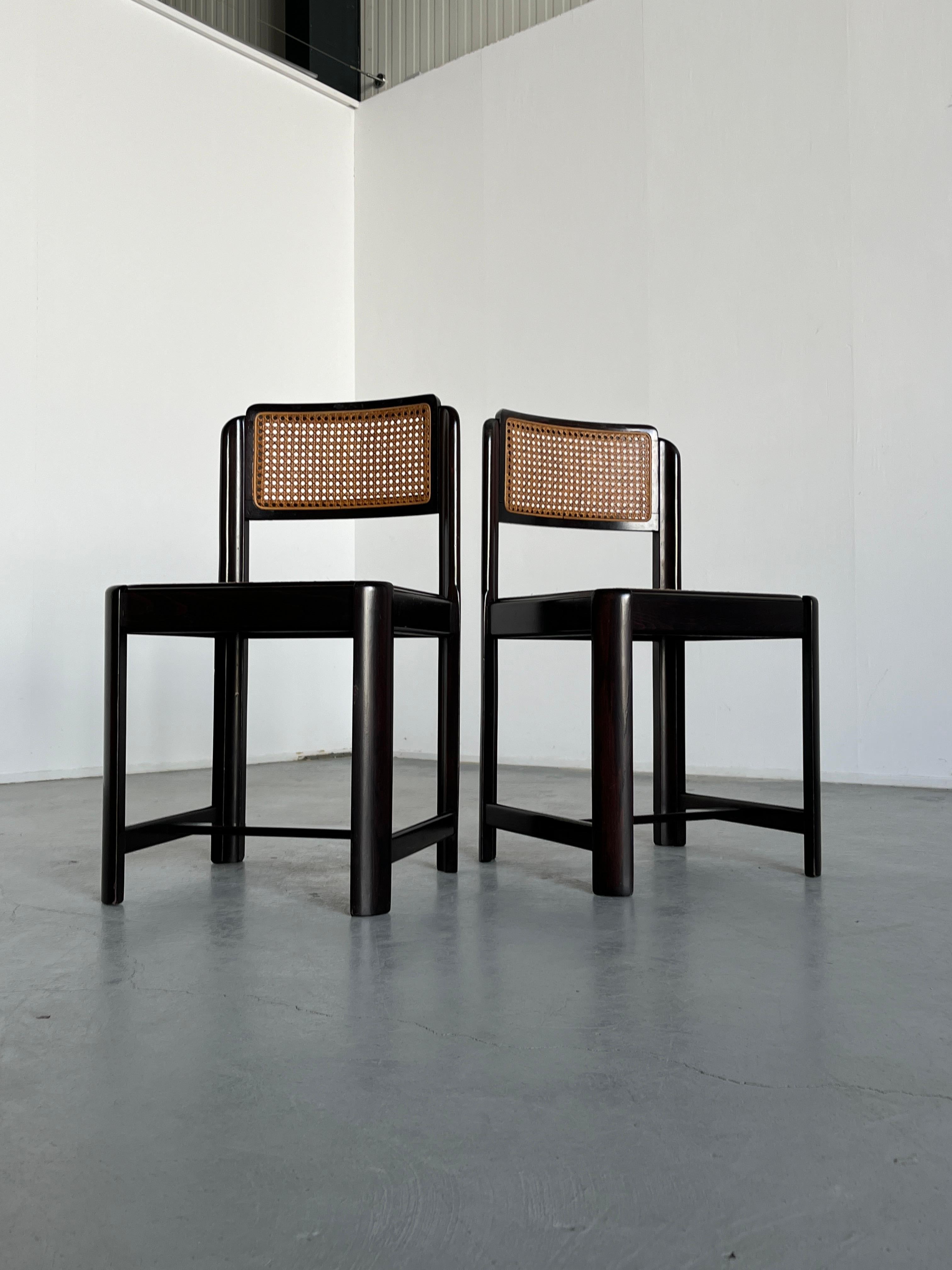 Italian Pair of Mid-Century Stained Beechwood and Wicker Cane Dining Chairs, 1960s Italy