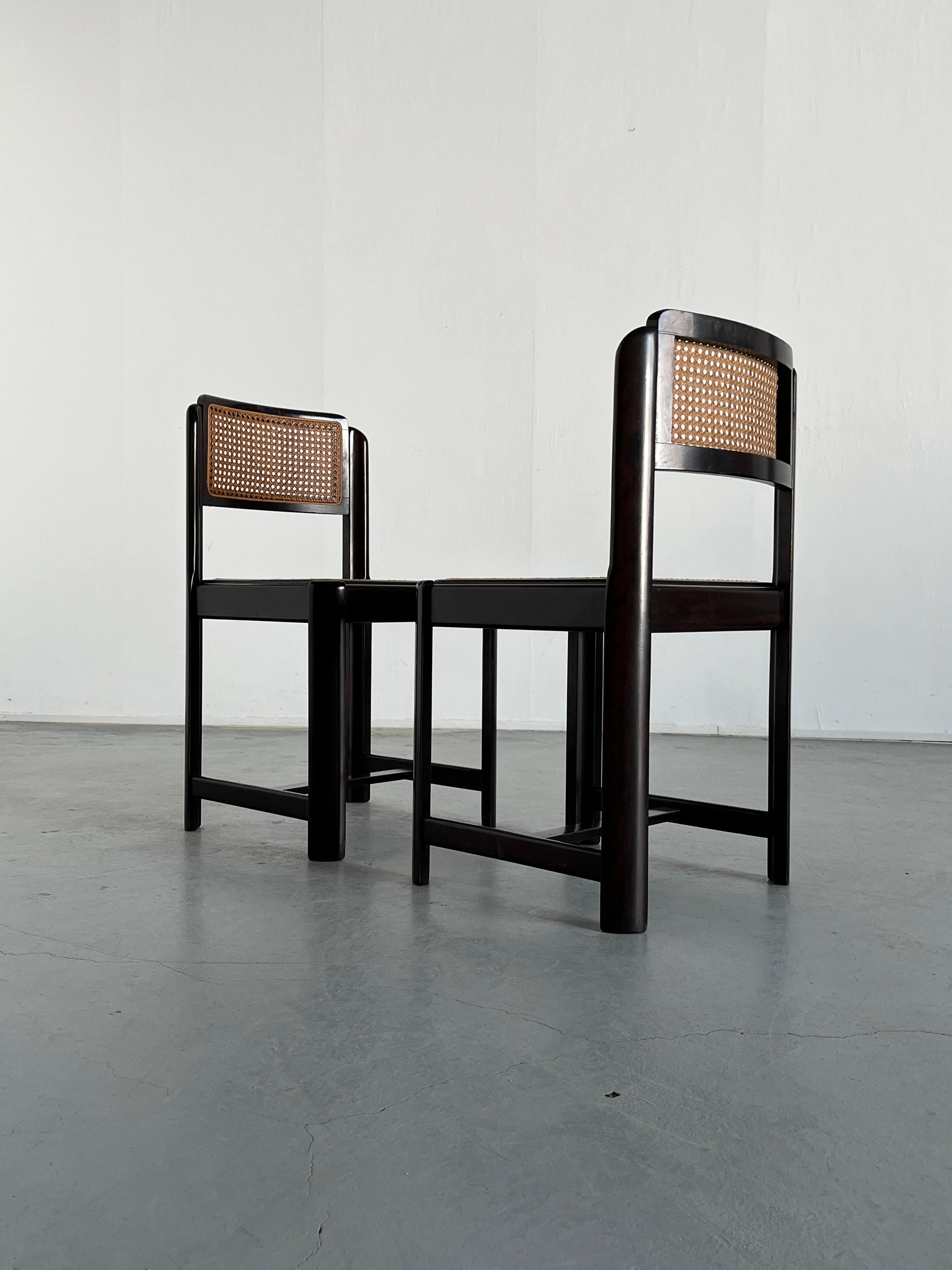 Mid-20th Century Pair of Mid-Century Stained Beechwood and Wicker Cane Dining Chairs, 1960s Italy