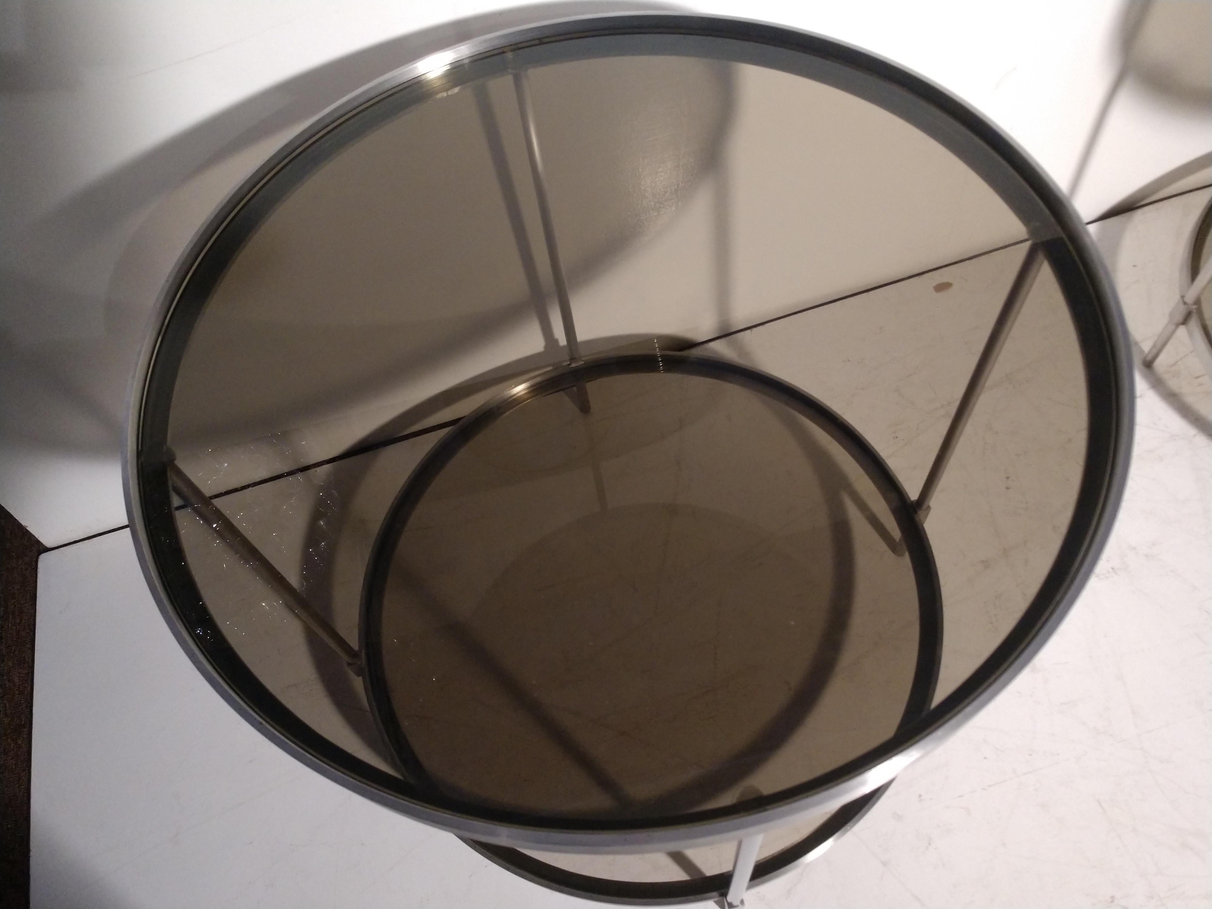 Pair of Mid Century Modern Stainless Steel Round End Tables with Smoked Glass In Good Condition For Sale In Port Jervis, NY