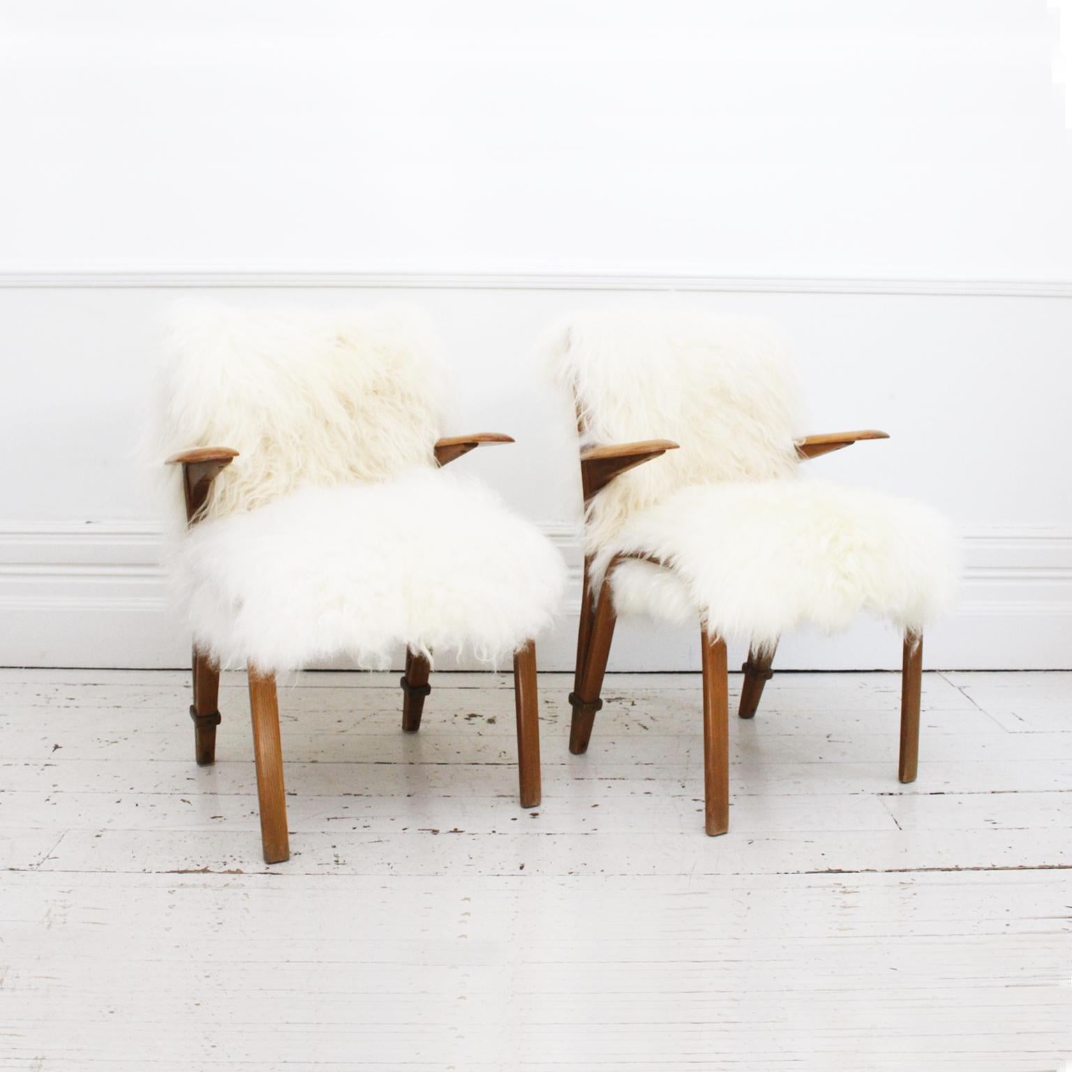 French Pair of Mid Century Steiner Chairs with Icelandic Sheepskin Upholstery