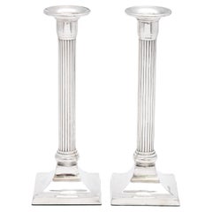 Pair of Mid-Century Sterling Silver Neoclassical-Style Column-Form Candlesticks