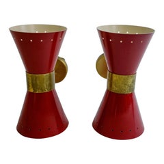 Antique Pair of Mid Century Stilnovo Model Diabolo Red Brass Wall Sconces, 1960’s