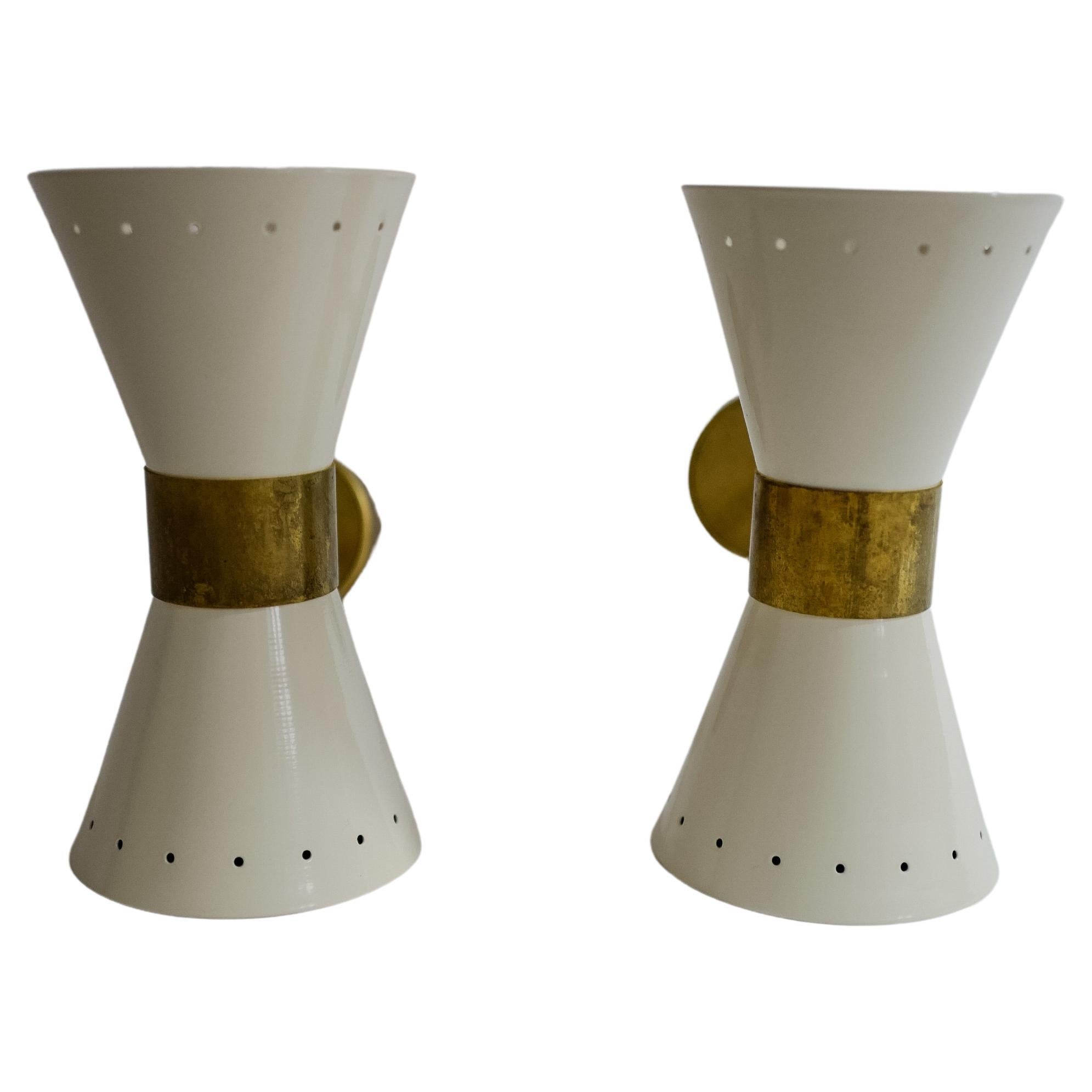 Pair of Mid Century Stilnovo Model Diabolo White and Brass Wall Sconces For Sale