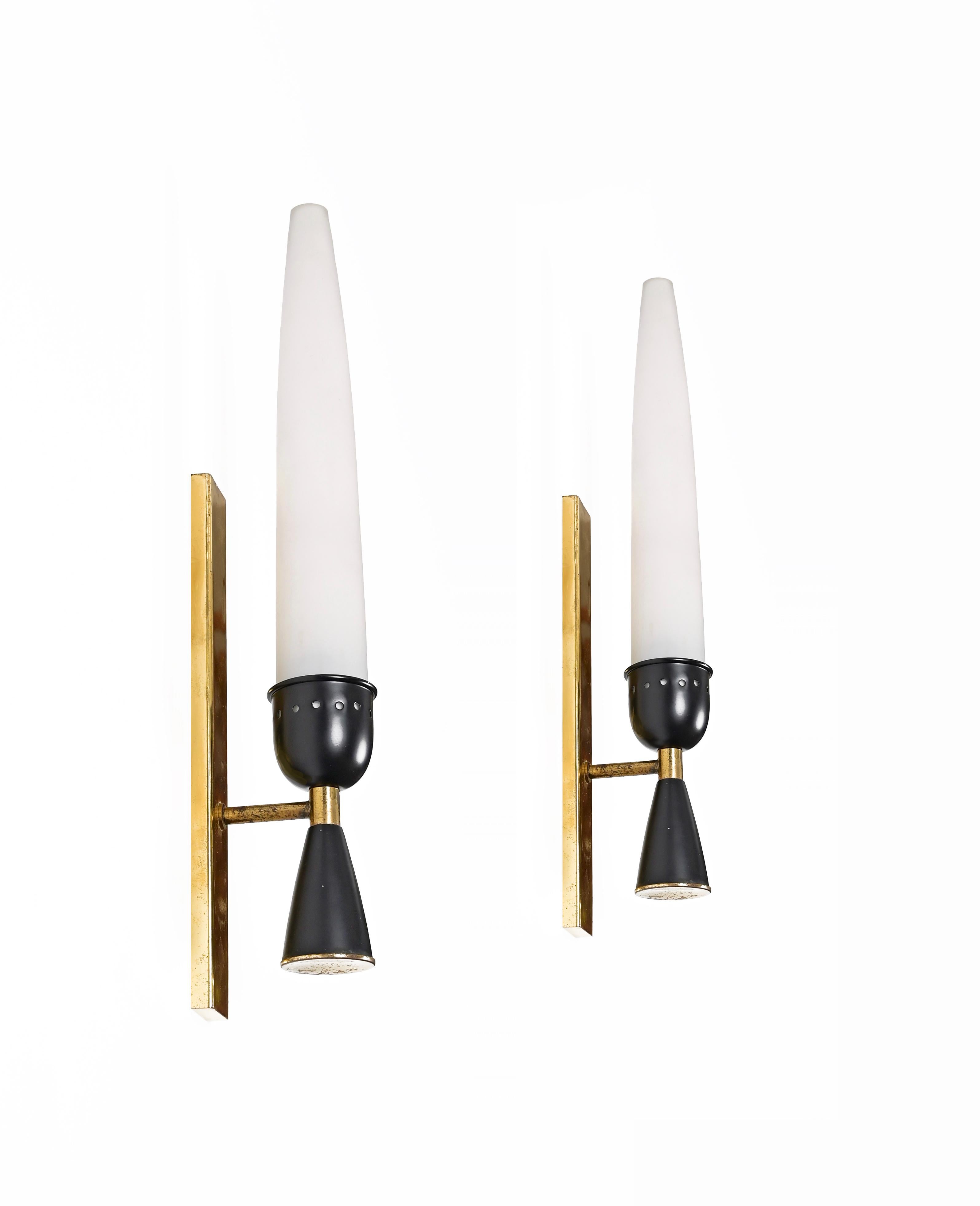 Enameled Pair of Mid-Century Stilnovo Opal Glass and Brass Italian Sconces, 1950s For Sale