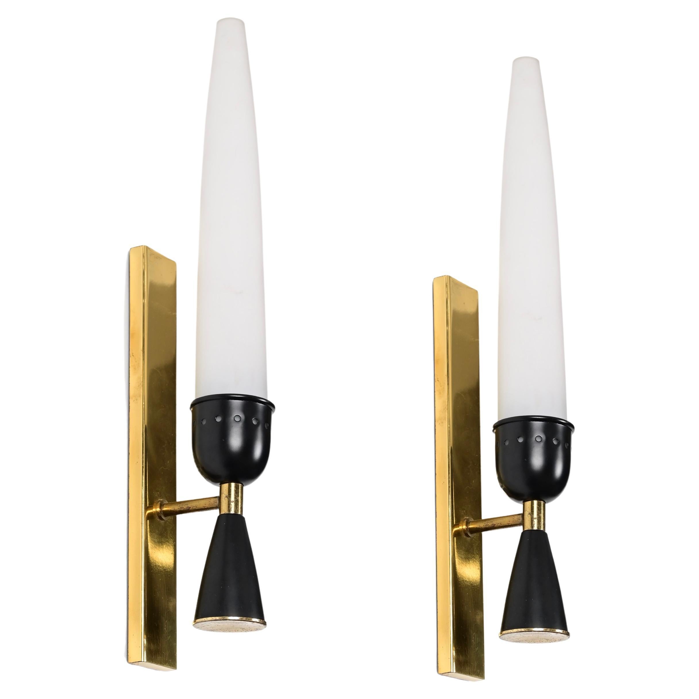 Pair of Mid-Century Stilnovo Opal Glass and Brass Italian Sconces, 1950s For Sale