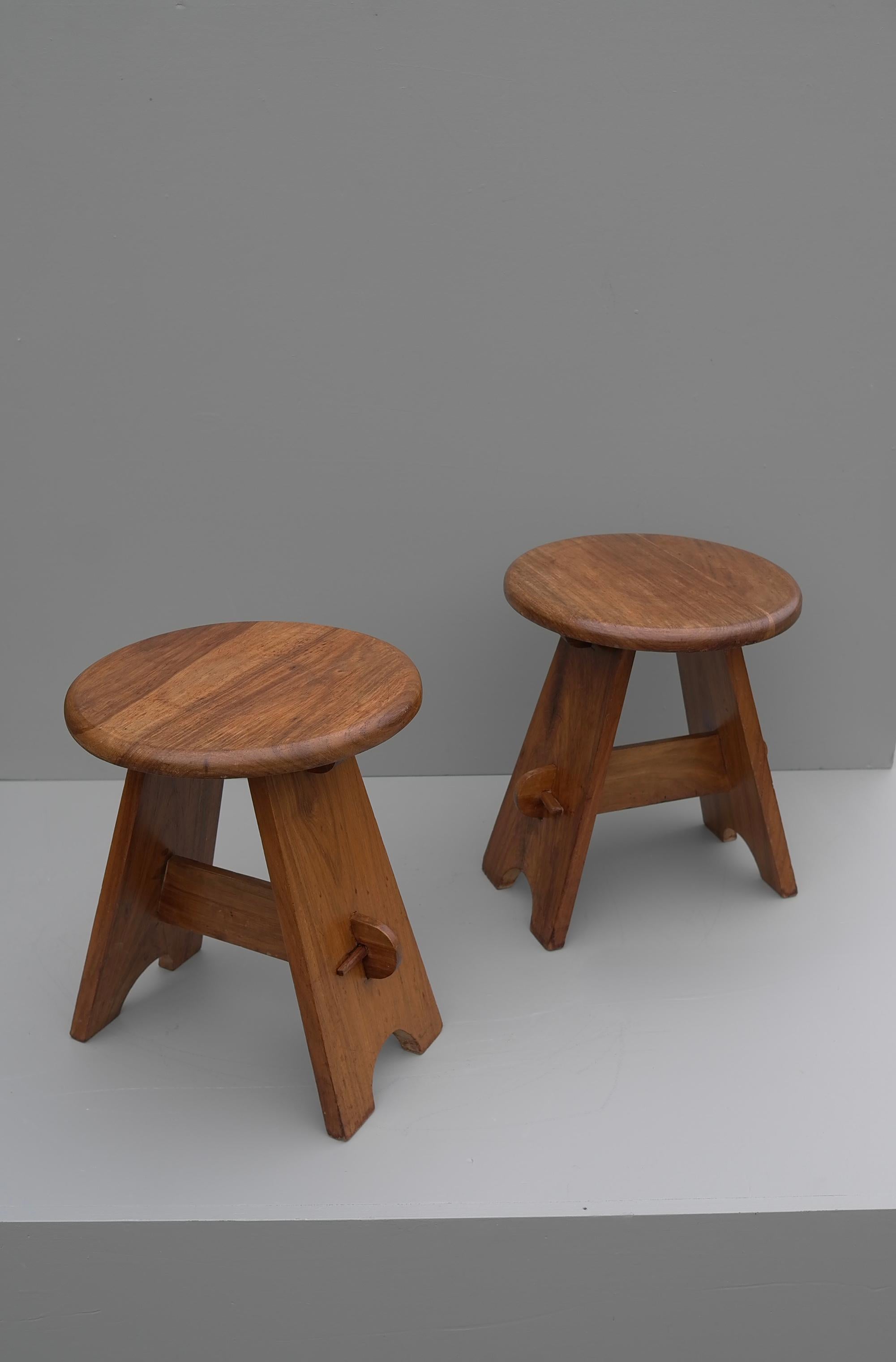 20th Century Pair of Midcentury Stools in Solid Elm Wood, France, 1950s For Sale