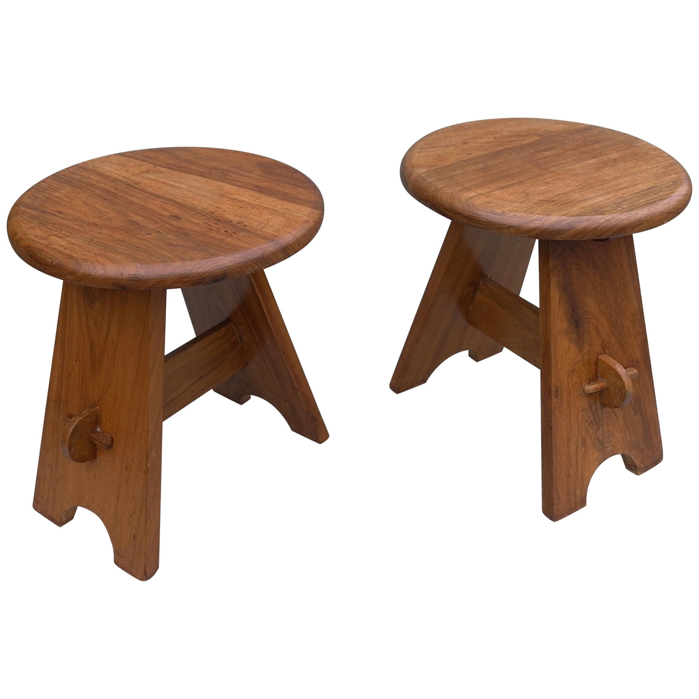 Pair of Midcentury Stools in Solid Elm Wood, France, 1950s For Sale