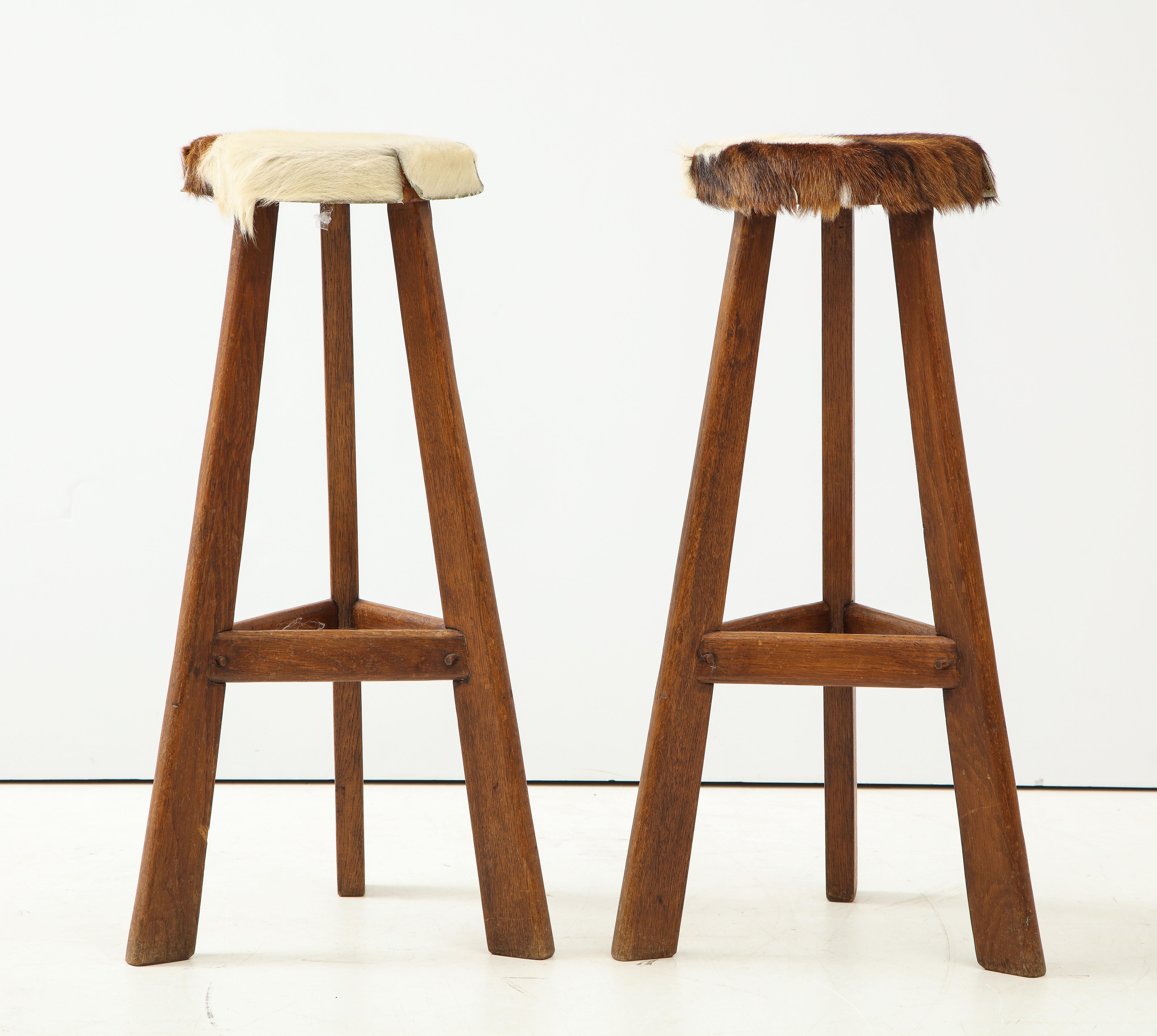 Pair of Midcentury Stools with Cowhide Seats, France, circa 1960 For Sale 3
