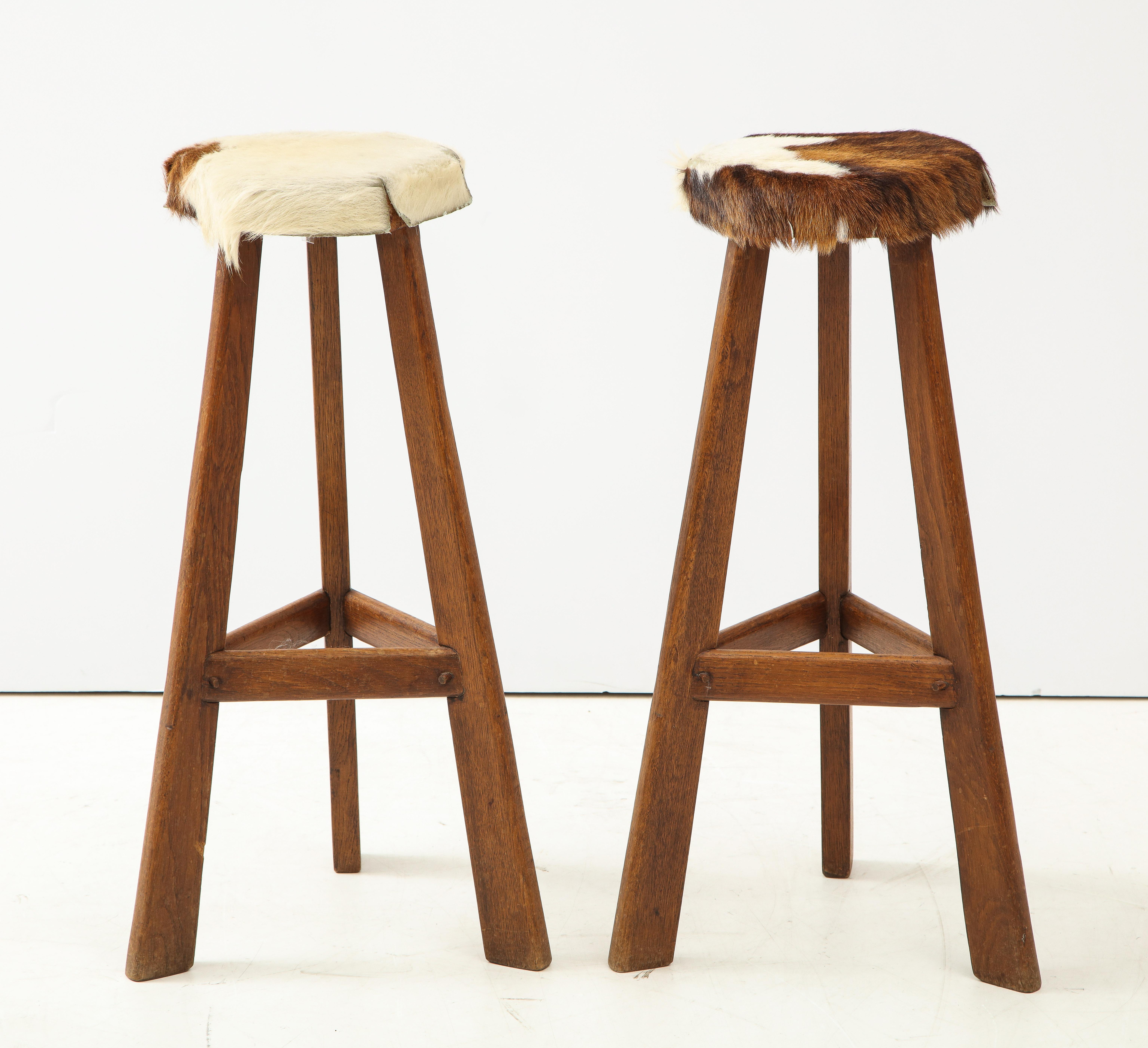 Pair of Midcentury Stools with Cowhide Seats, France, circa 1960 For Sale 4