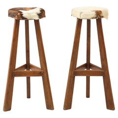 Vintage Pair of Midcentury Stools with Cowhide Seats, France, circa 1960