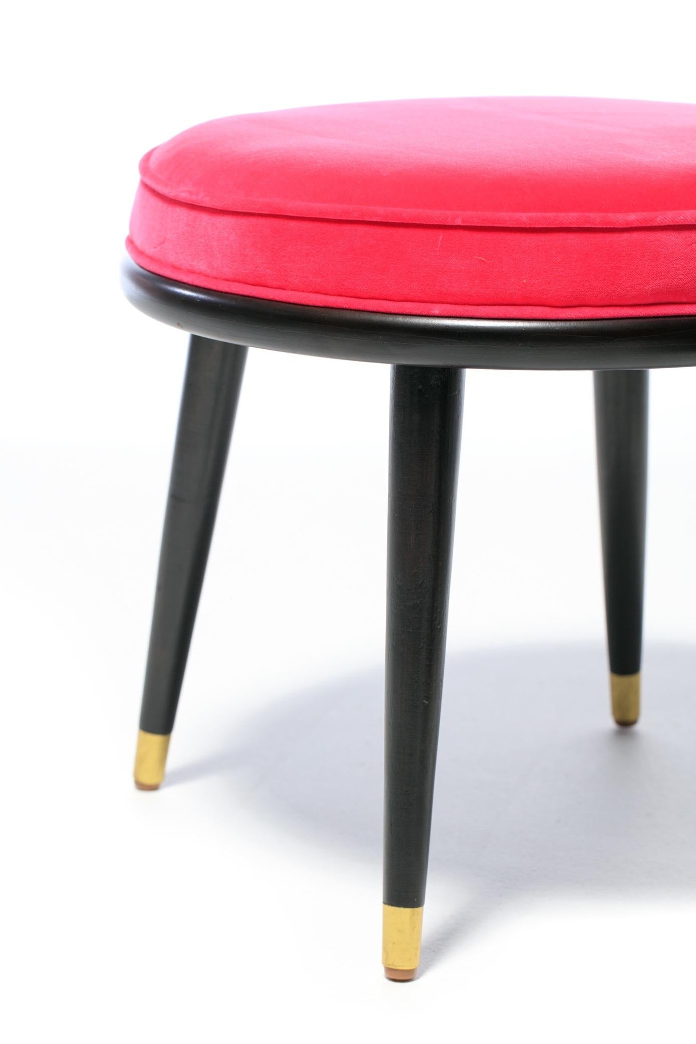 Mid-Century Modern Pair of Mid Century Stools with Schiaparelli Pink Velvet Seats & Brass Sabots For Sale