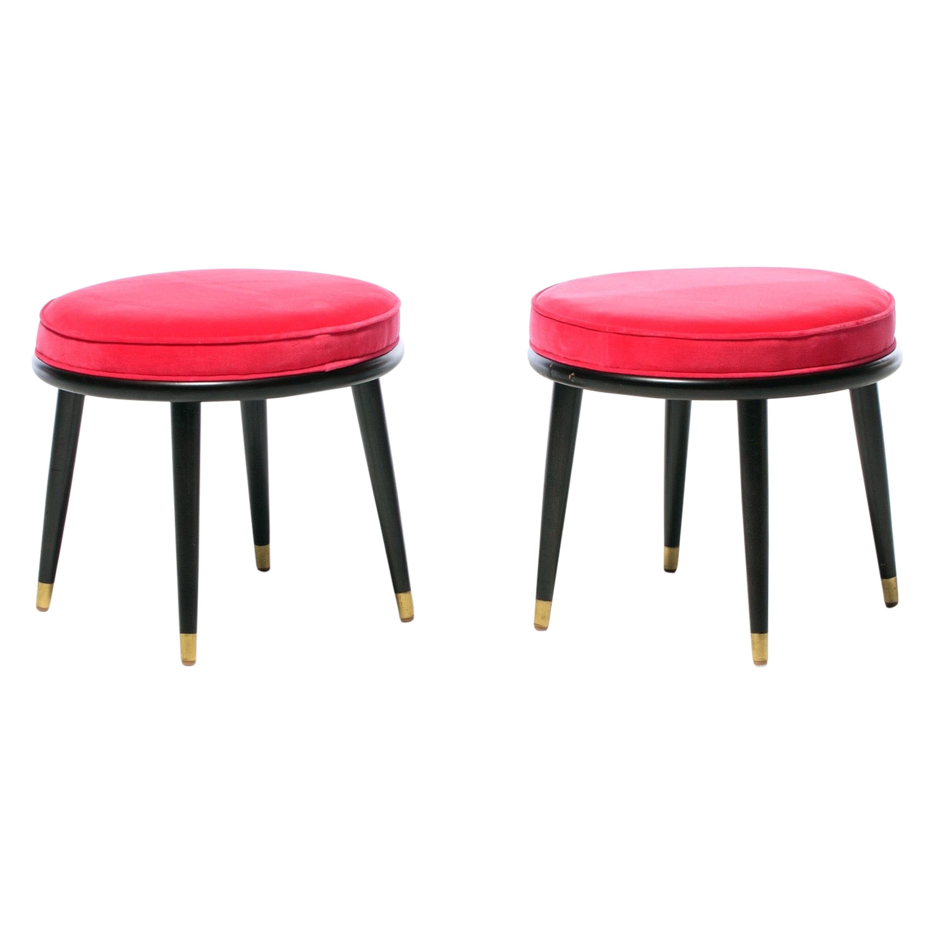 Pair of Mid Century Stools with Schiaparelli Pink Velvet Seats & Brass Sabots For Sale