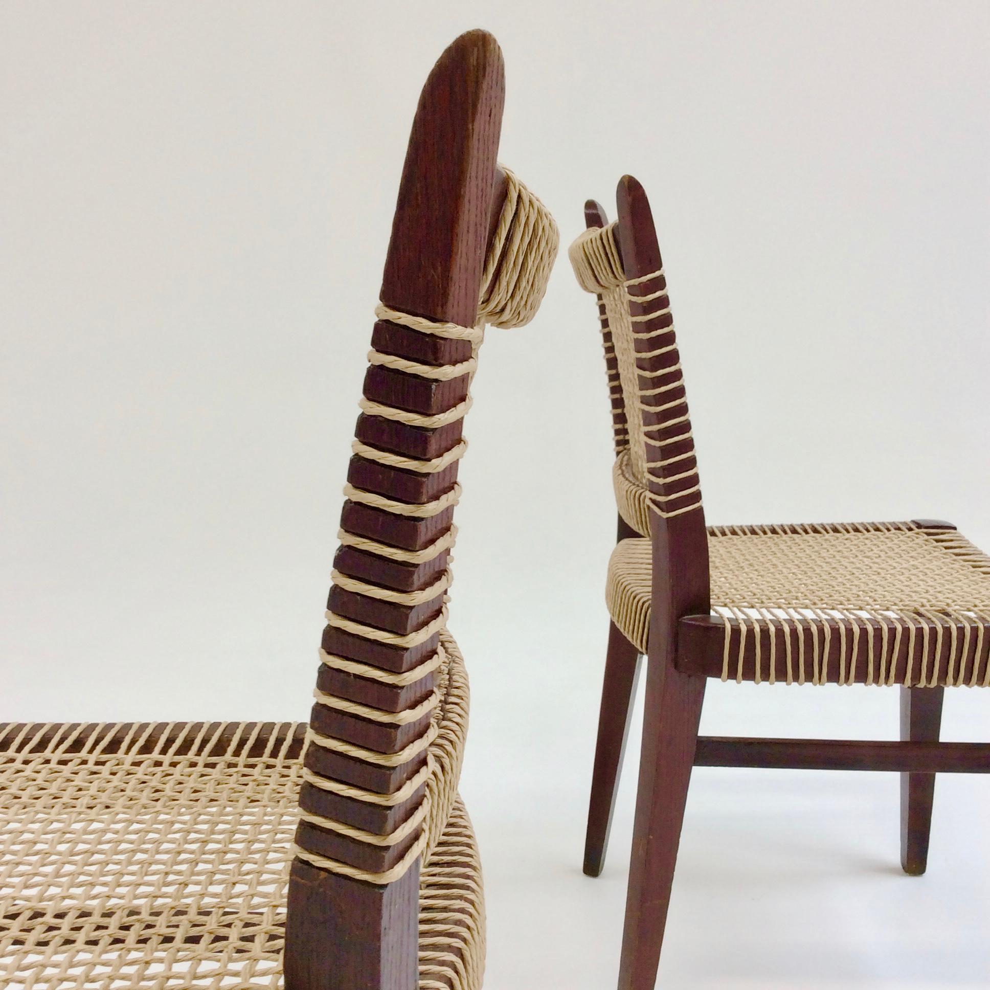 French Pair of Midcentury Straw and Wood Chairs, circa 1950, France