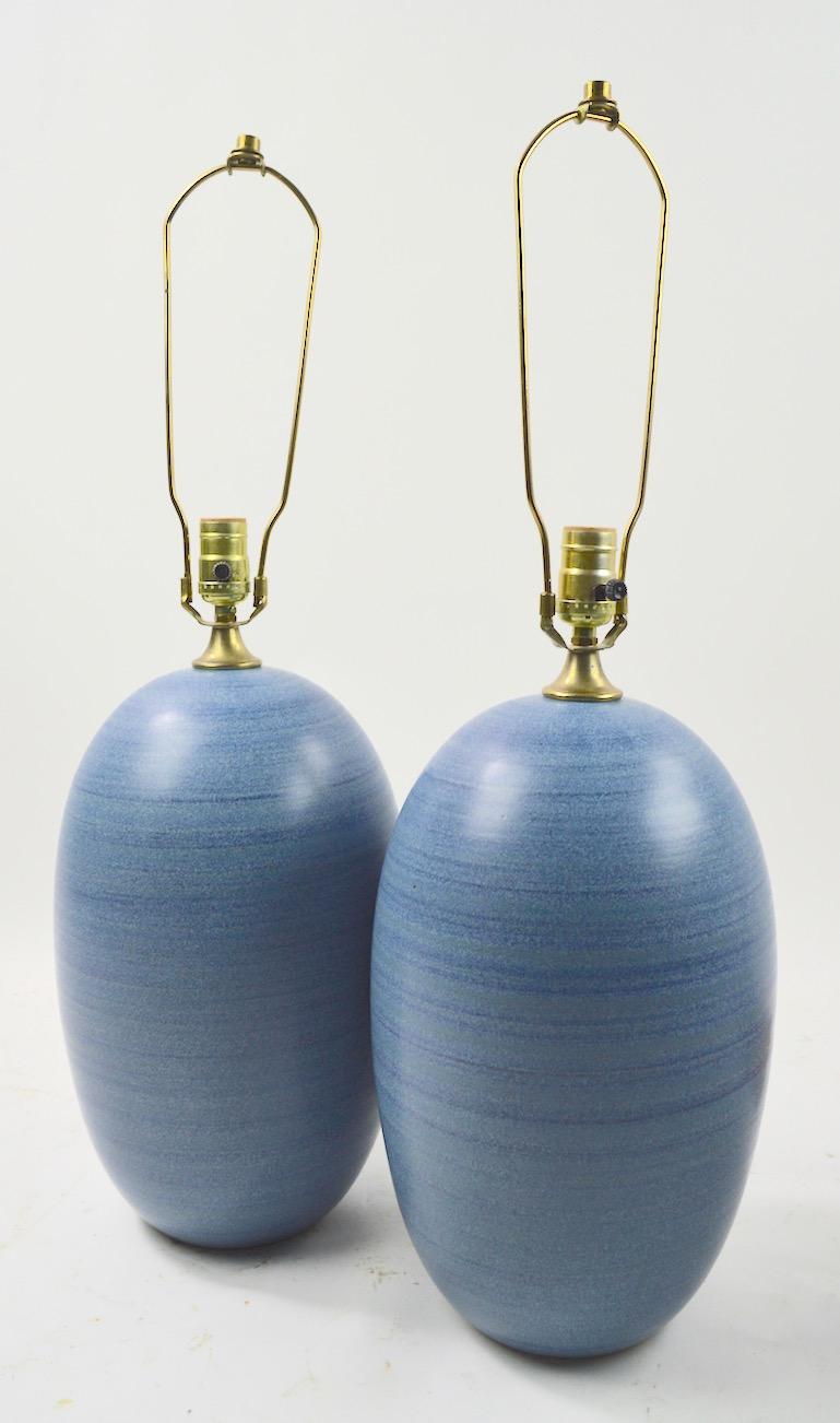 American Pair of Mid Century Striped Blue Ceramic Table Lamps after Glidden