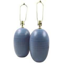 Pair of Mid Century Striped Blue Ceramic Table Lamps after Glidden