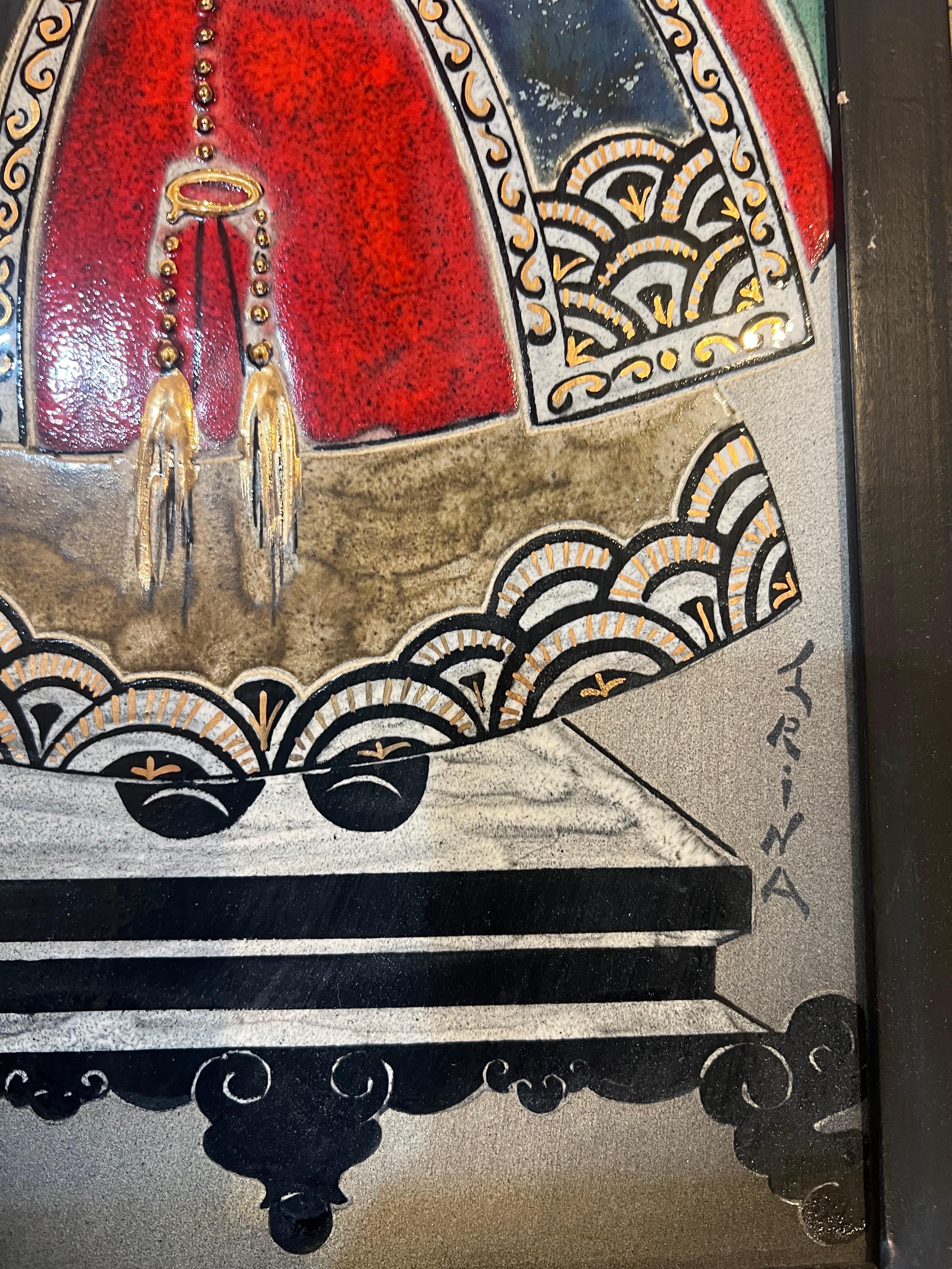 Paar Studio-Keramikfliesen aus der Mitte des Jahrhunderts von Irina Lorin, signiert und gerahmt im Zustand „Gut“ im Angebot in San Diego, CA