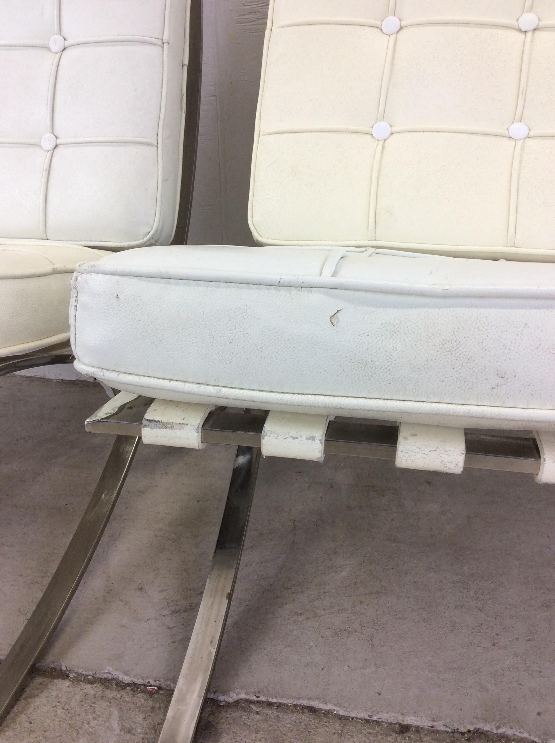 Pair of Mid Century Style Barcelona Lounge Chairs with White Leather 9