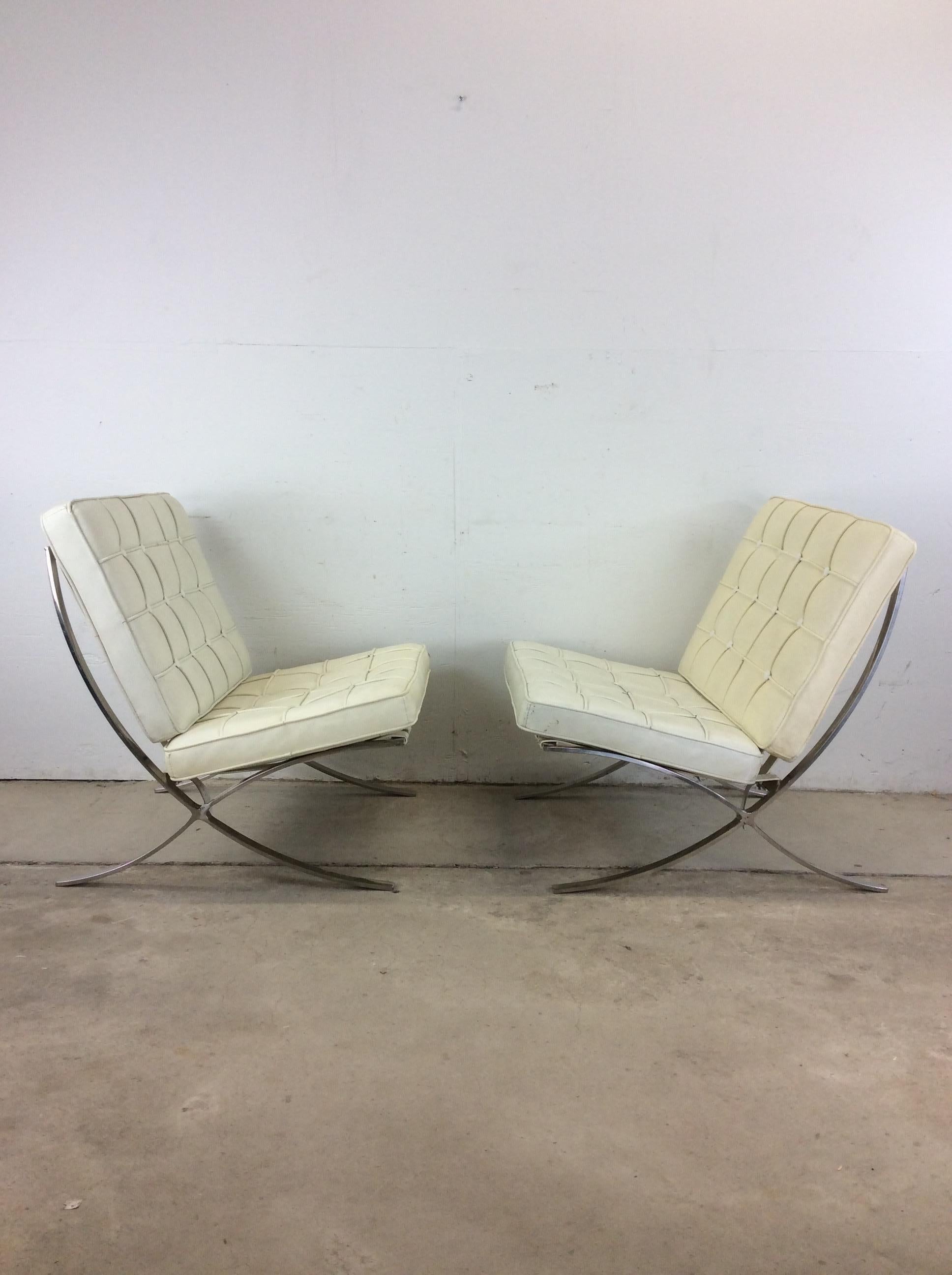 Pair of Mid Century Style Barcelona Lounge Chairs with White Leather 10