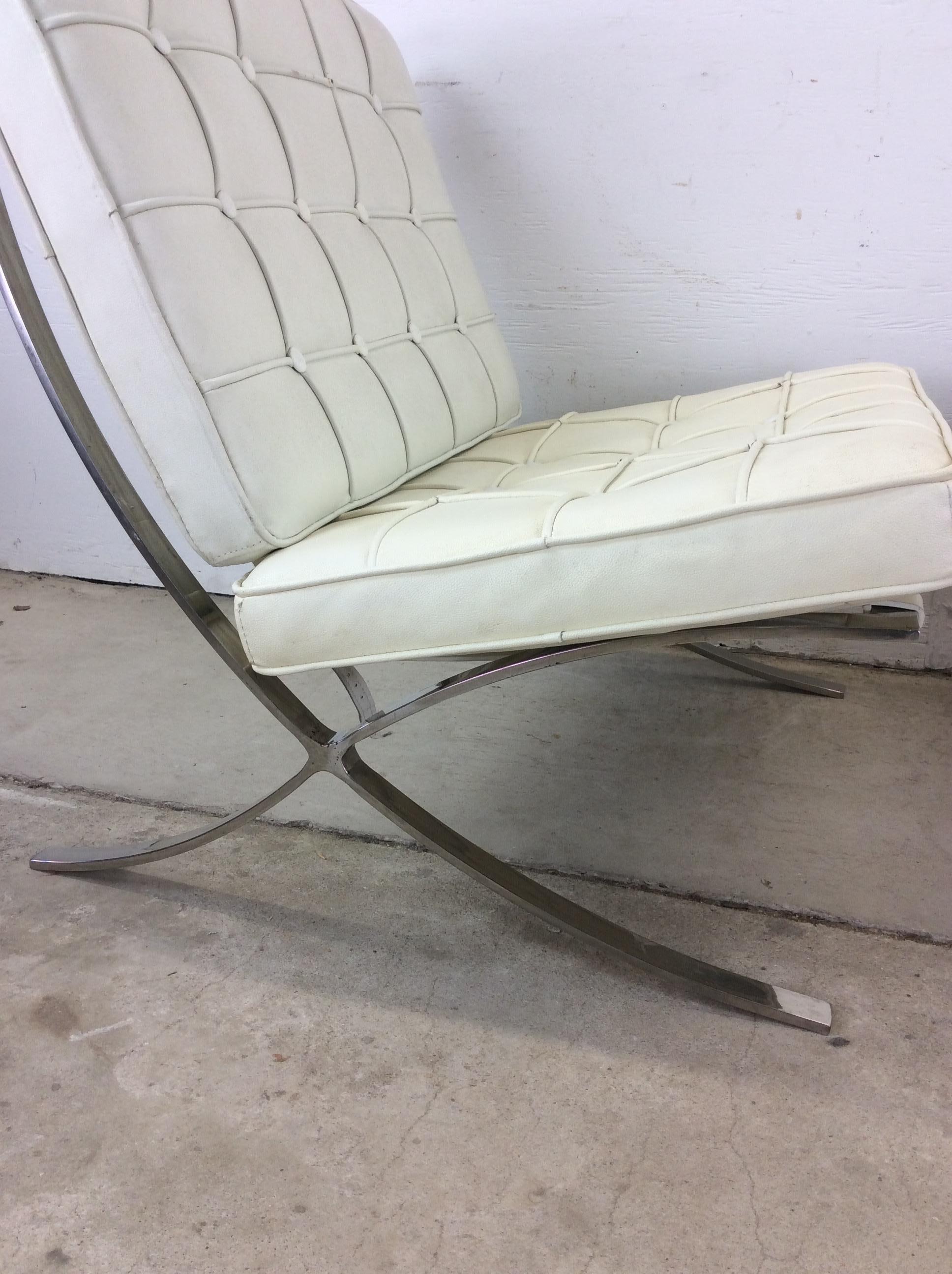 Pair of Mid Century Style Barcelona Lounge Chairs with White Leather 12
