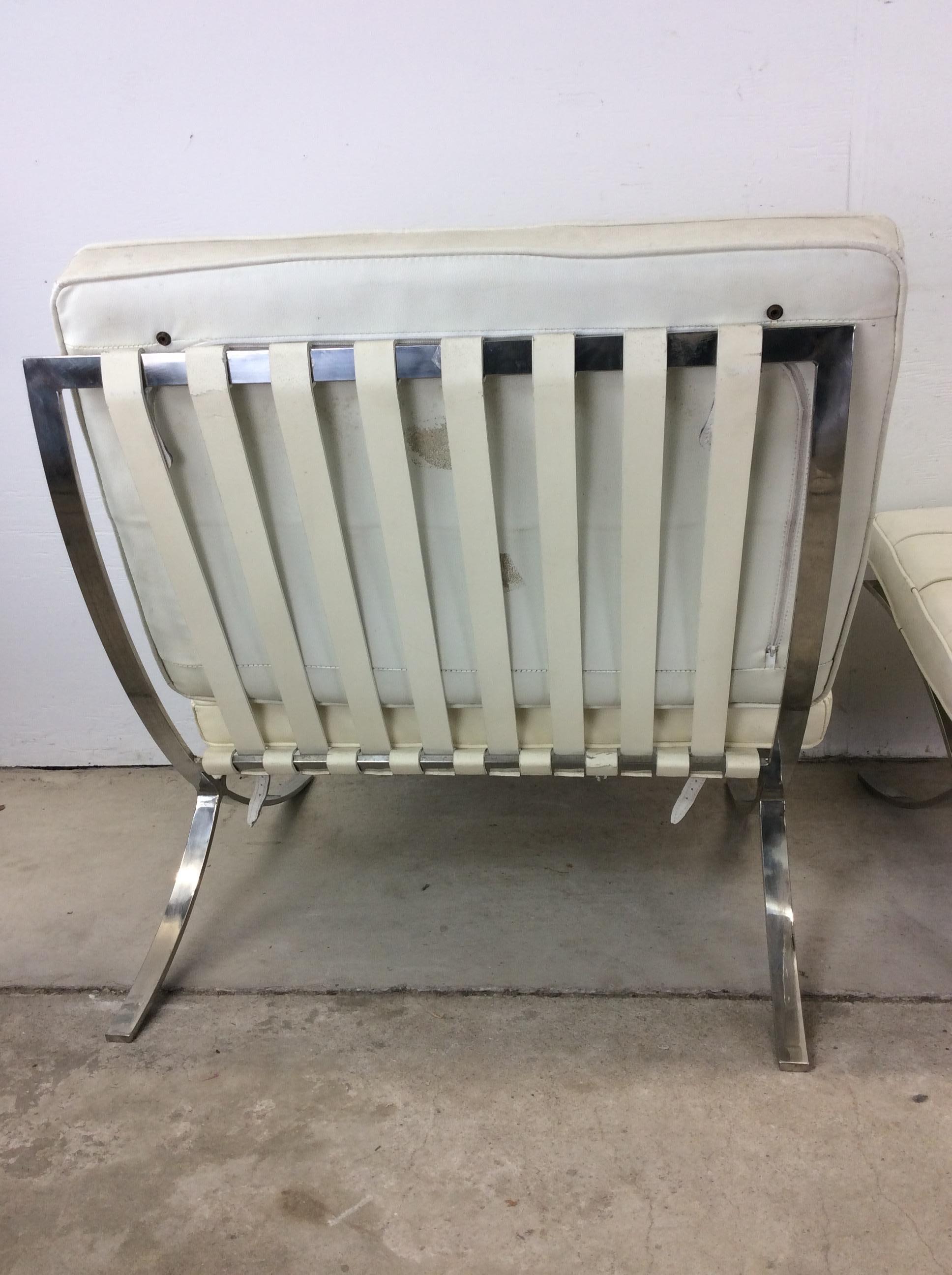 Pair of Mid Century Style Barcelona Lounge Chairs with White Leather 14