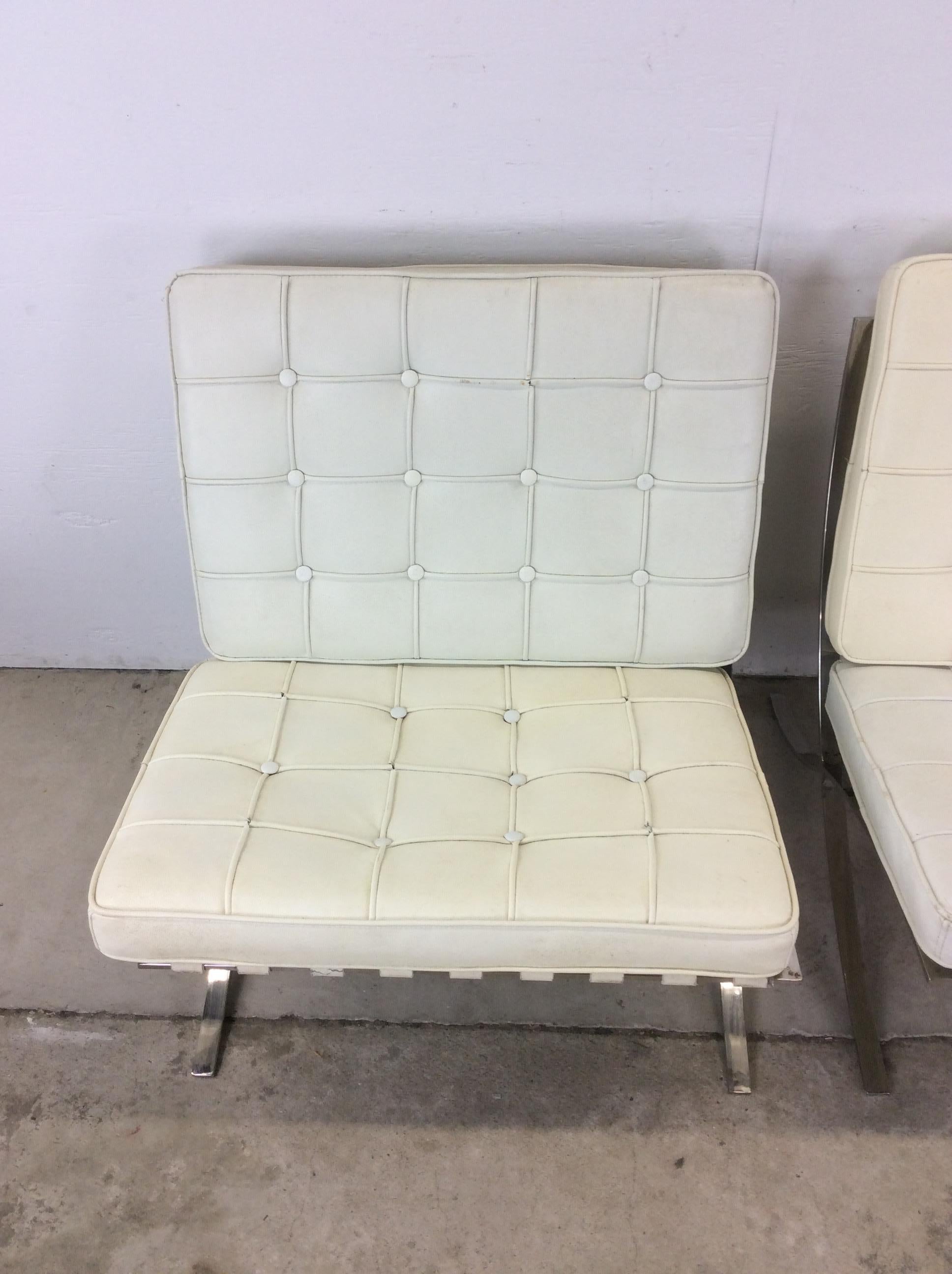 Mid-Century Modern Pair of Mid Century Style Barcelona Lounge Chairs with White Leather