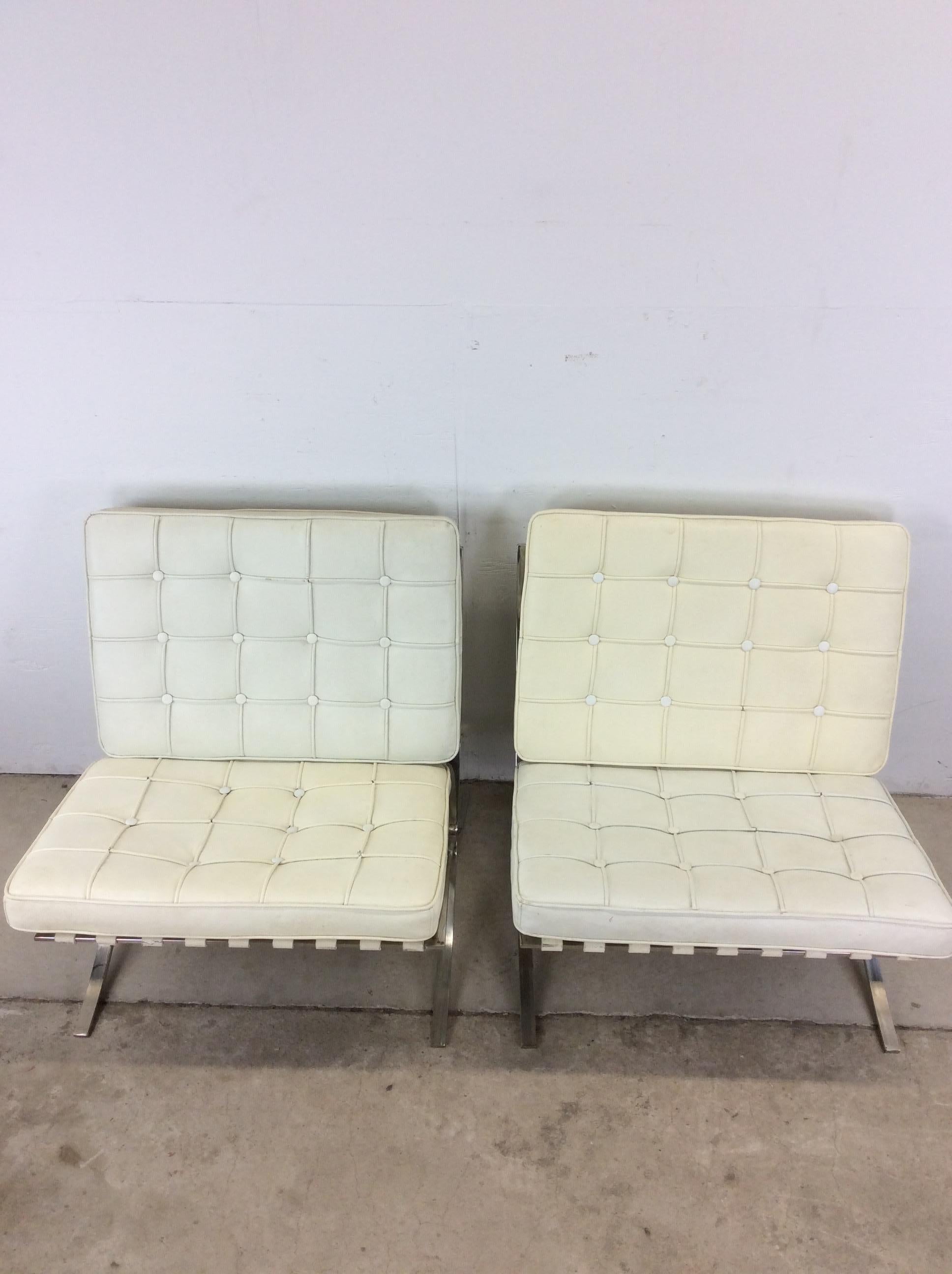 Pair of Mid Century Style Barcelona Lounge Chairs with White Leather 4