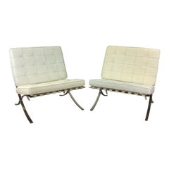 Pair of Mid Century Style Barcelona Lounge Chairs with White Leather