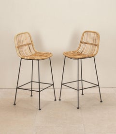 Pair of Mid-Century Style Belgian Rattan and Iron Bar Stools
