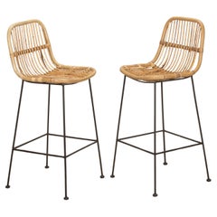 Pair of Mid-Century Style Belgian Rattan and Iron Bar Stools