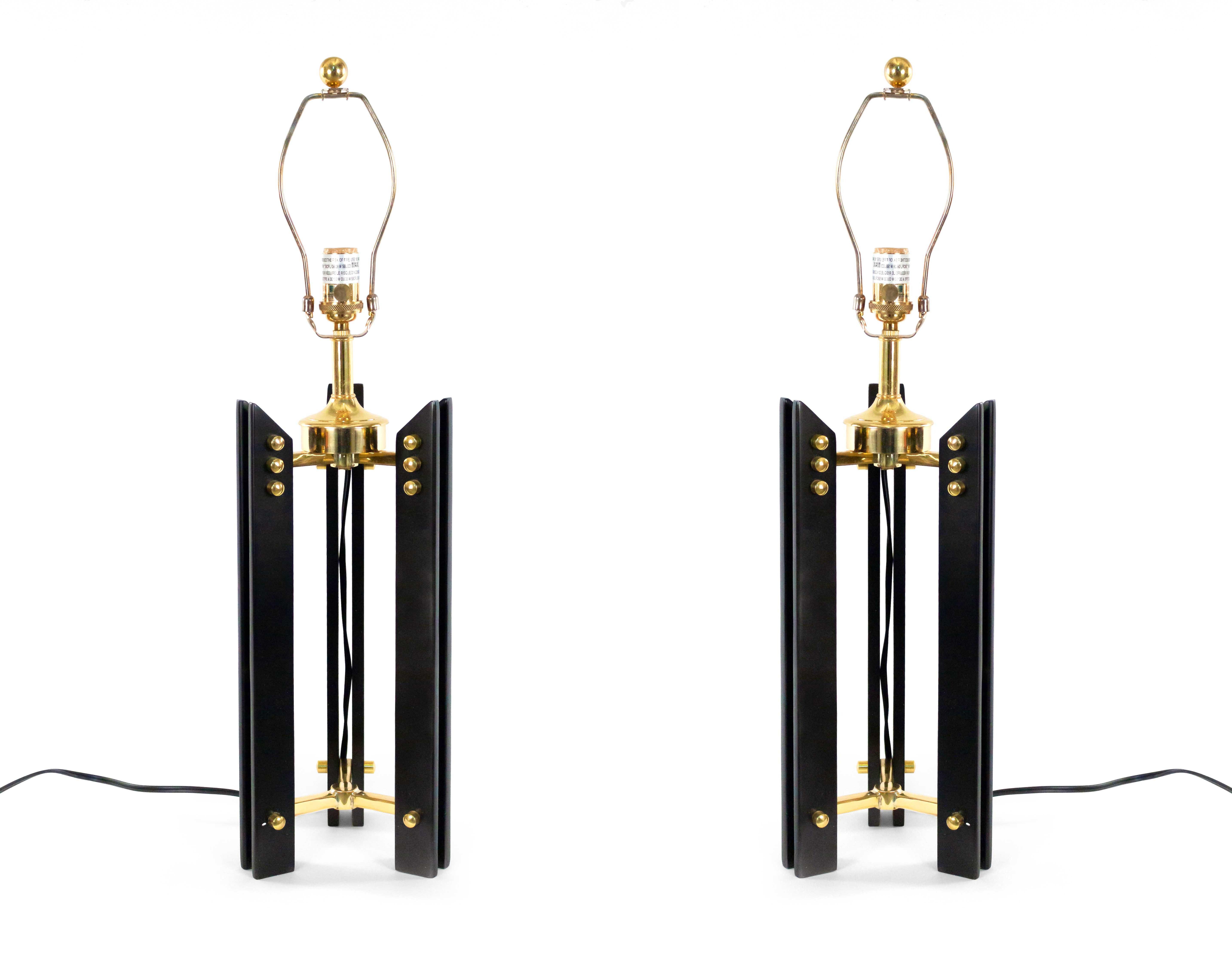 Pair of Mid-Century Style Black and Gold Tripod Table Lamps 1