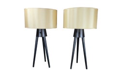 Pair of Midcentury Style Black Tripod Lamps with Champagne Shades