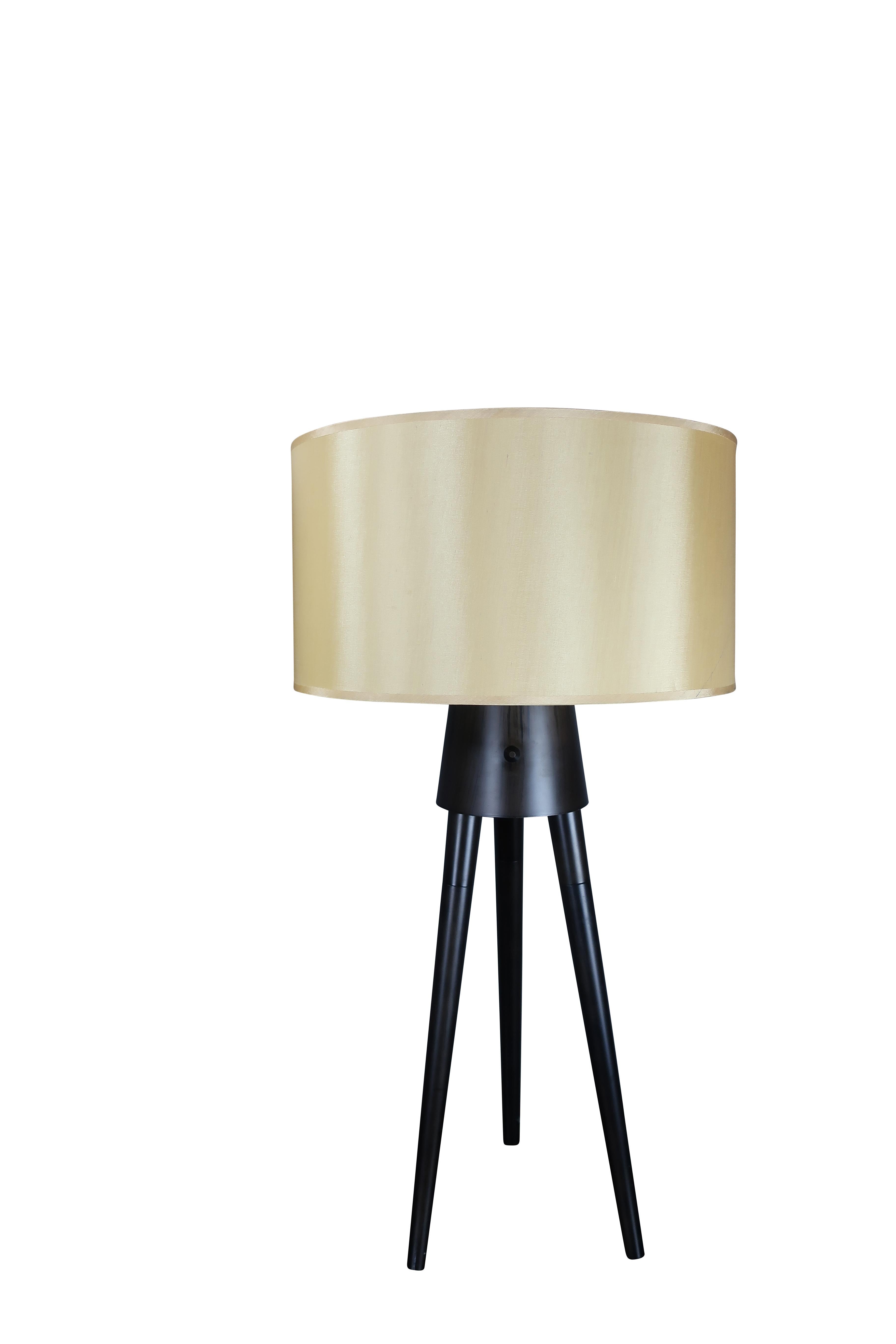 Pair of Midcentury Style Black Tripod Lamps with Champagne Shades In Good Condition For Sale In Essex, MA