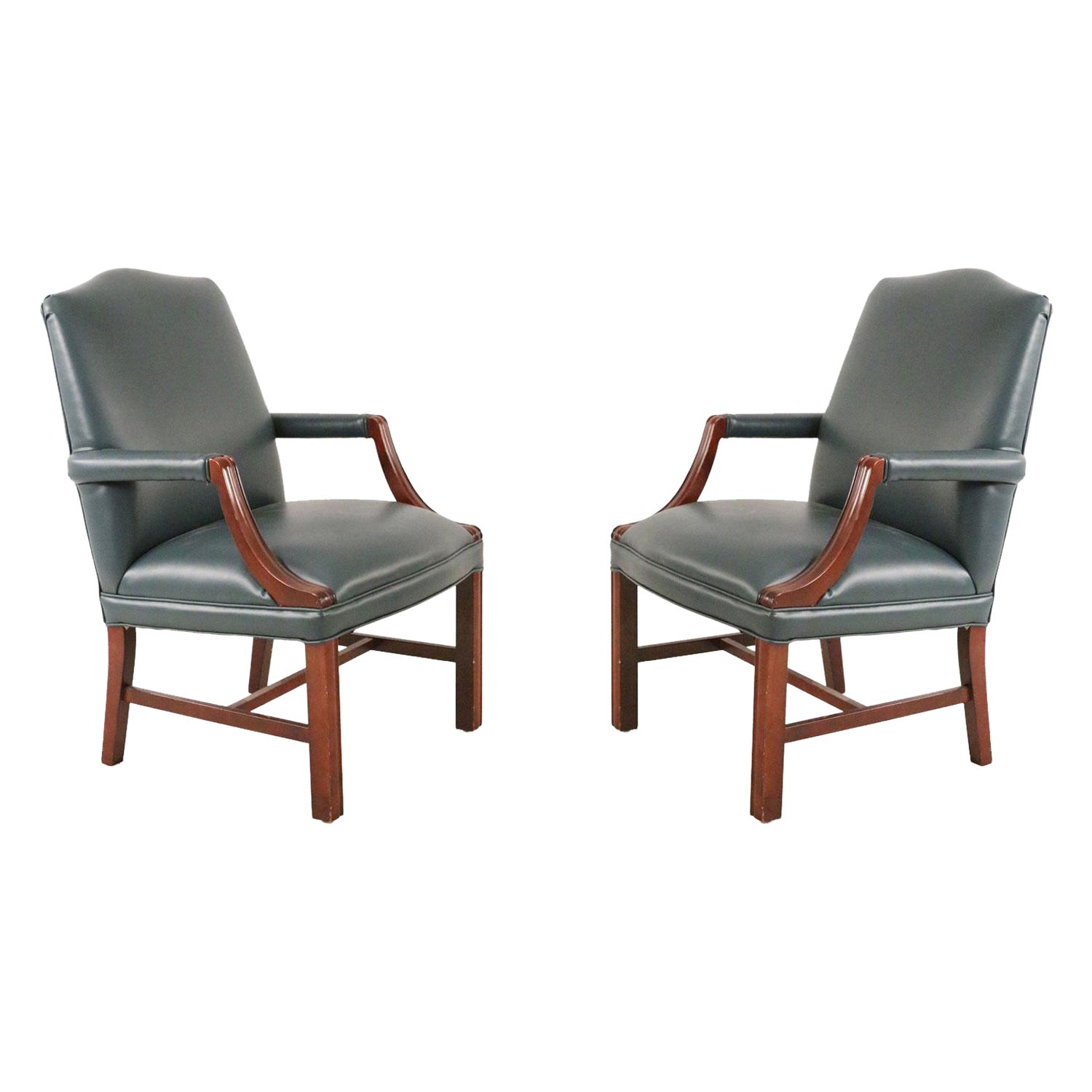 Pair of Mid-Century Style Blue Faux Leather and Wood Office Armchairs