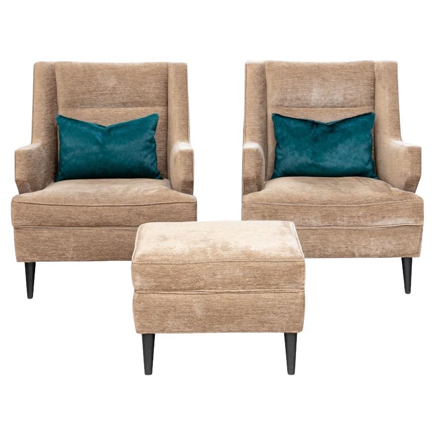 Pair Of Mid Century Style Club Chairs with Matching Ottoman