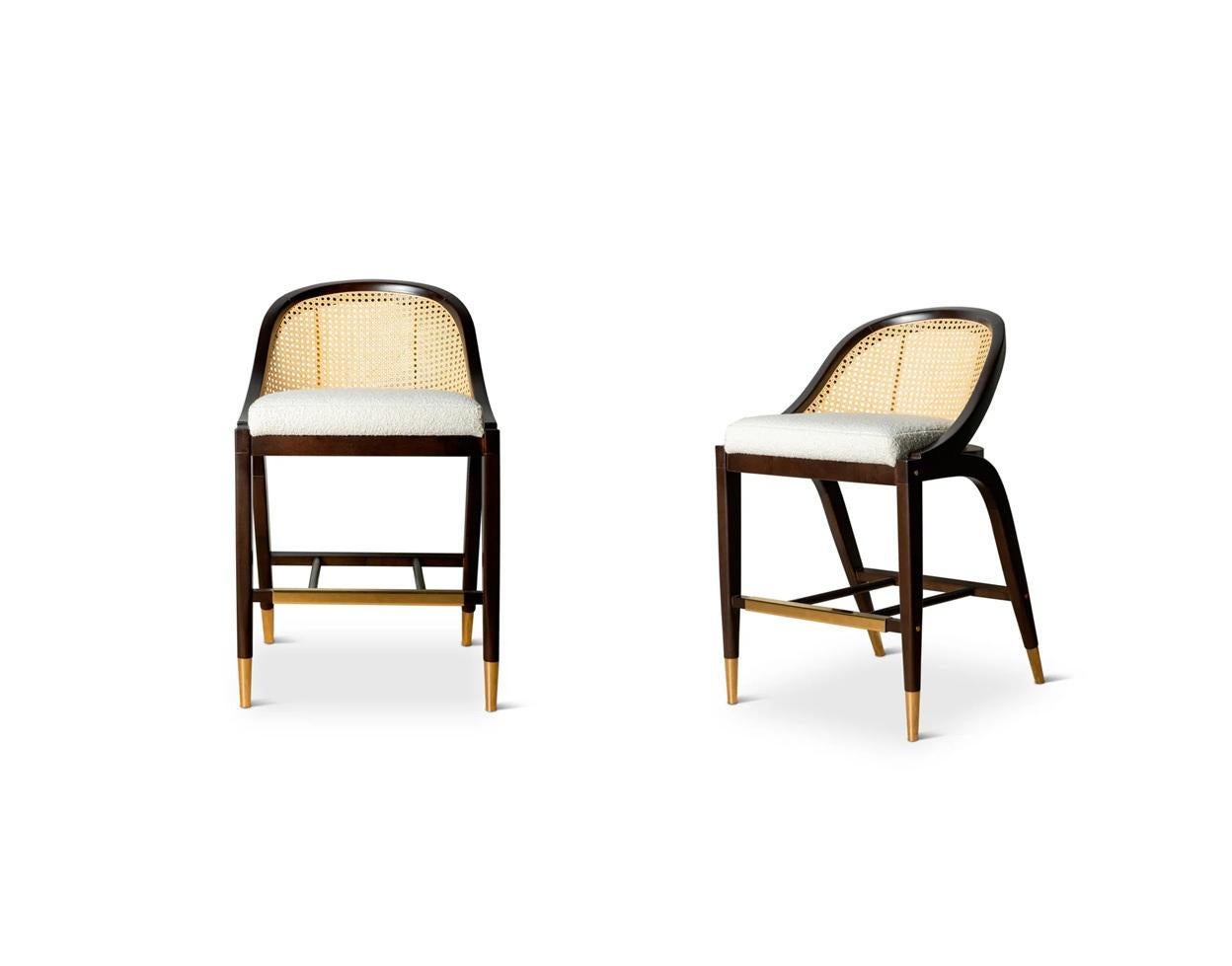 Ottone Coppia di sgabelli da banco in stile metà secolo in Oak Oak e Boucle ricco in vendita