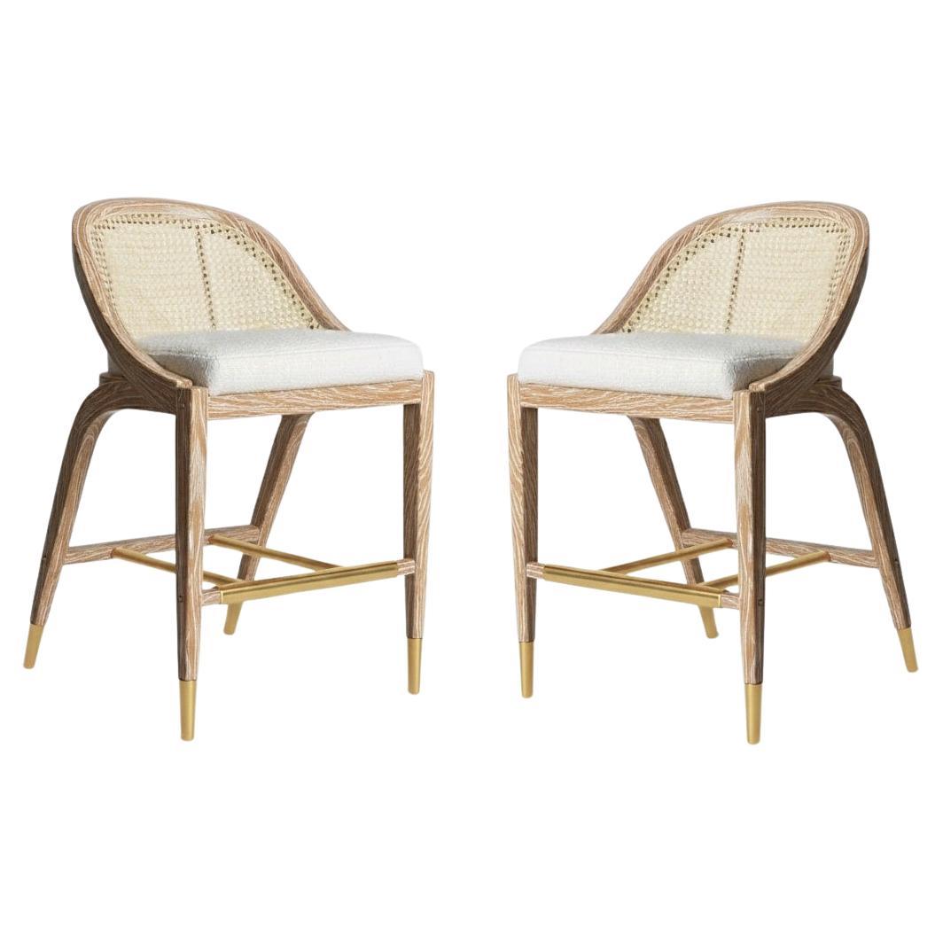 Pair Of Mid-Century Style Counter Height Stools In Cerused Oak & Rich Boucle