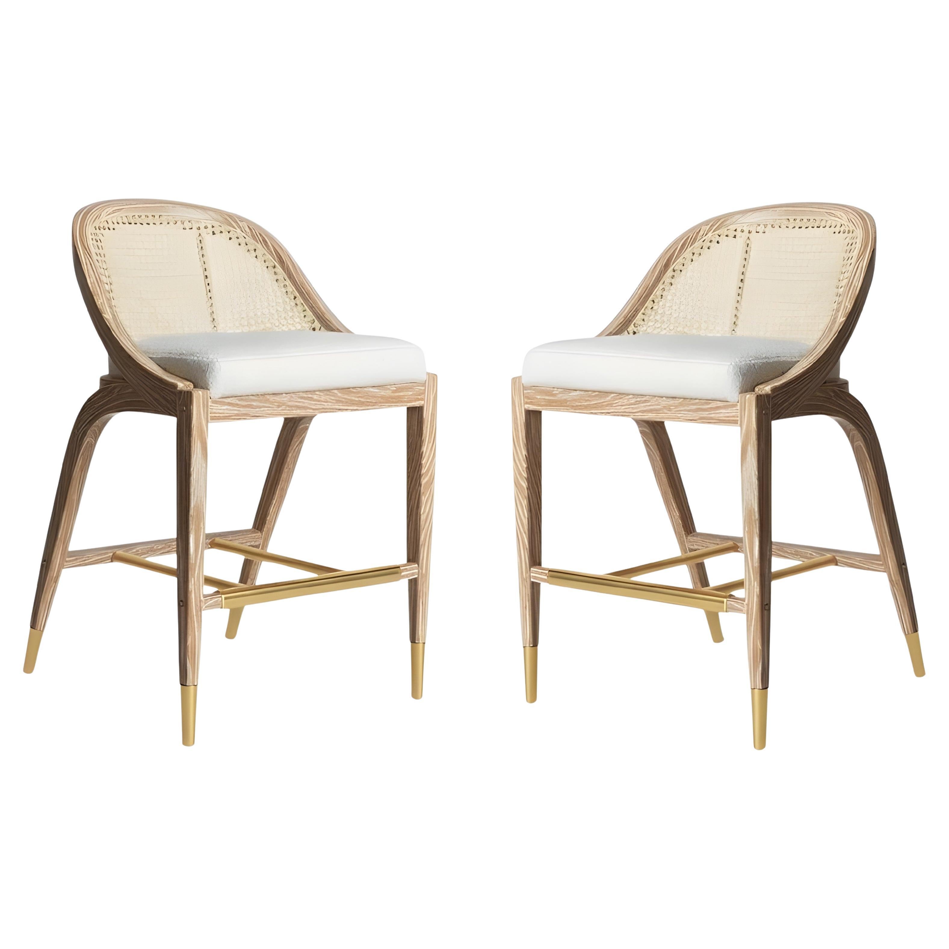 Pair Of Mid-Century Style Counter Height Stools In Cerused Oak 
Rich Boucle