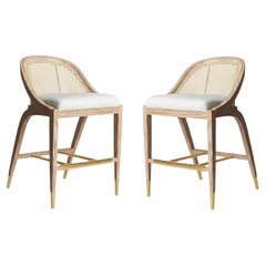 Paire de tabourets de comptoir de style du milieu du siècle en chêne cérusé et riche bouclier