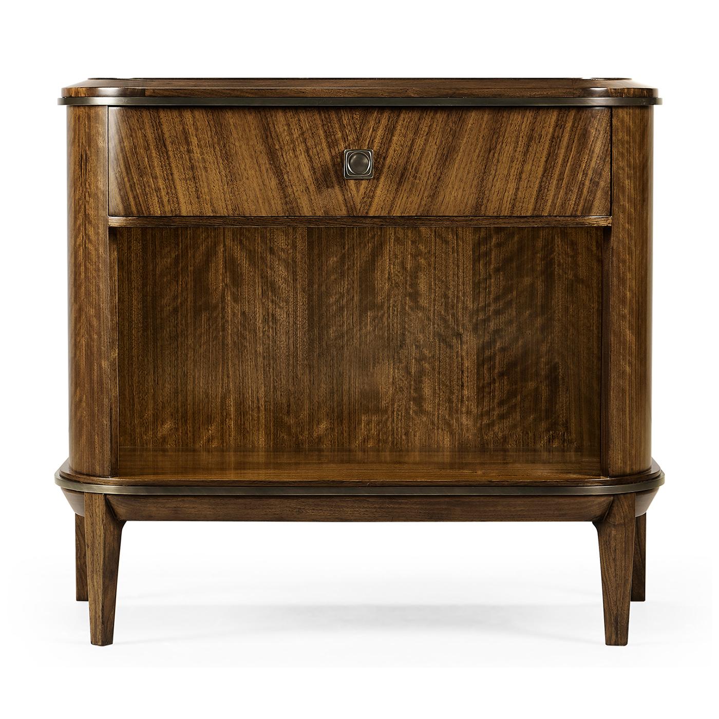 Mid century style D form nightstand, constructed of American walnut with a transparent, hand-rubbed finish. The drawer fronts feature walnut veneers in a box match styling and the hardware is cast brass, acid dipped and hand-rubbed to achieve a