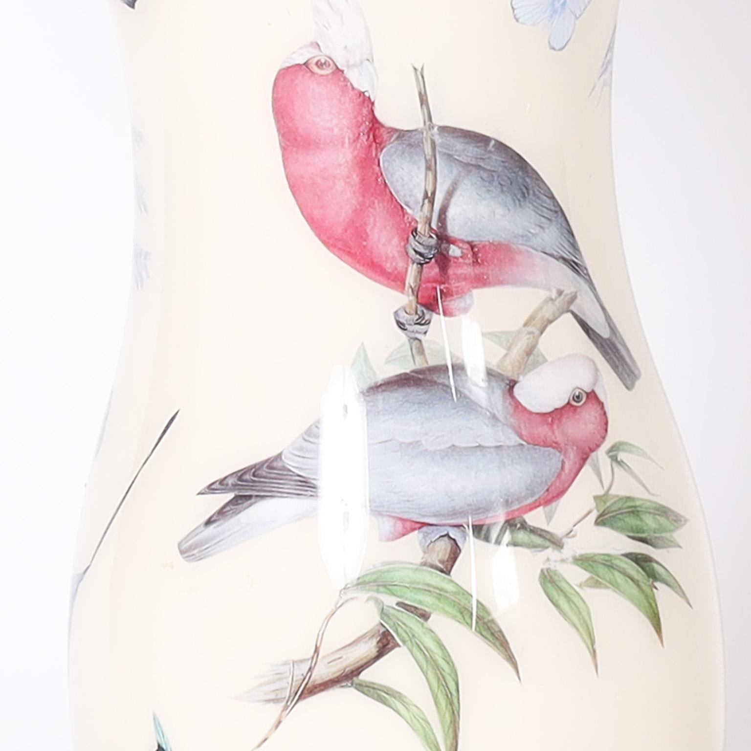 Chinese Export Pair of Mid-Century Style Decoupage Table Lamps with Birds For Sale