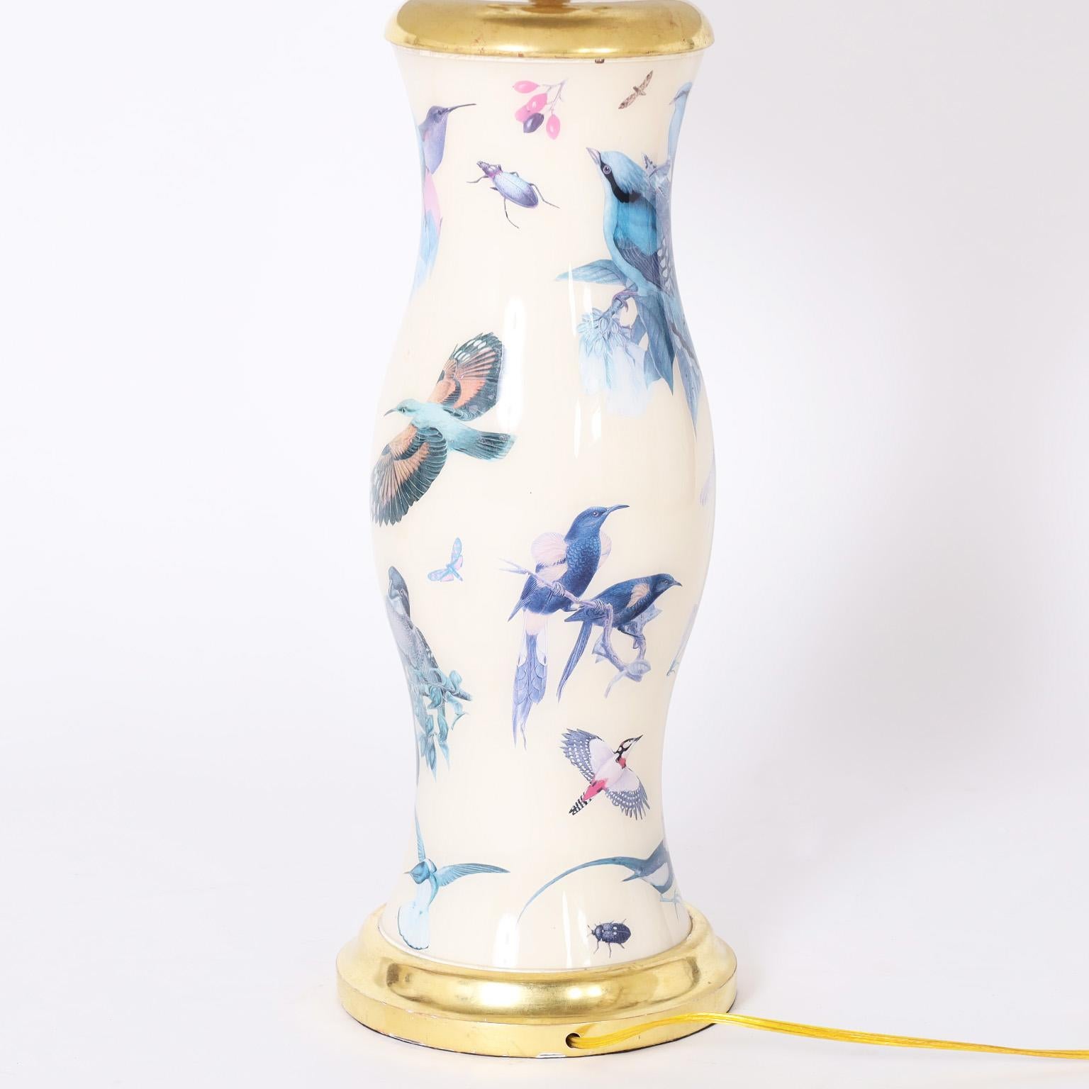 Painted Pair of Mid-Century Style Decoupage Table Lamps with Birds For Sale