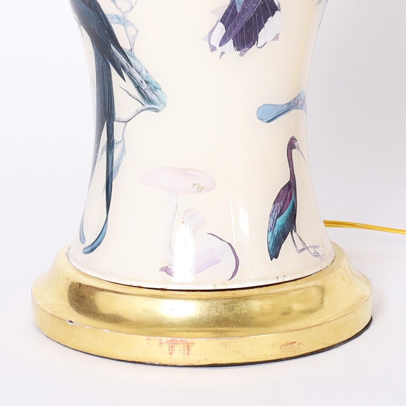 Brass Pair of Mid-Century Style Decoupage Table Lamps with Birds For Sale